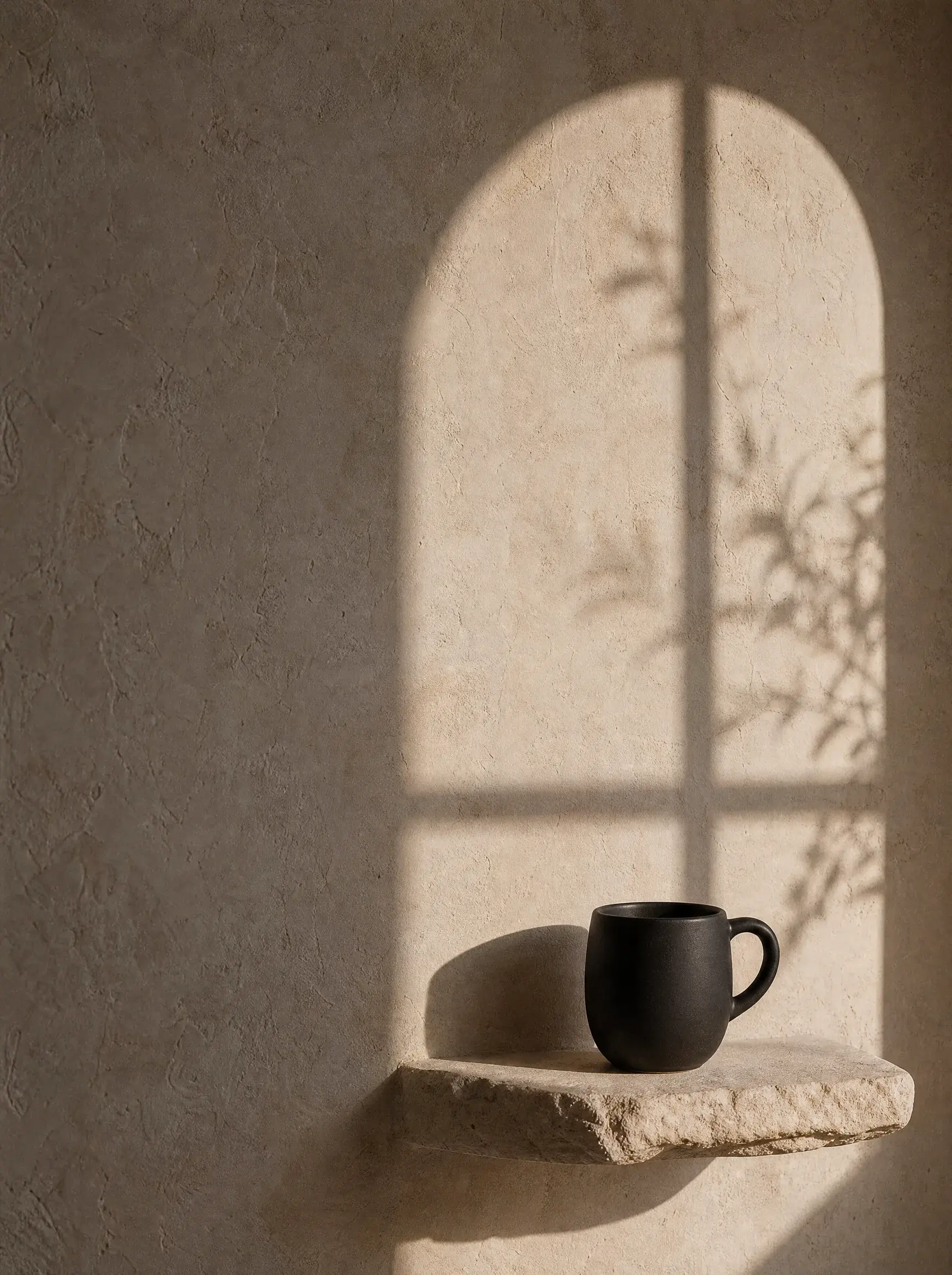 Mug noir sur rebord pierre – ombre arche et branche sur mur enduit beige, composition aérée