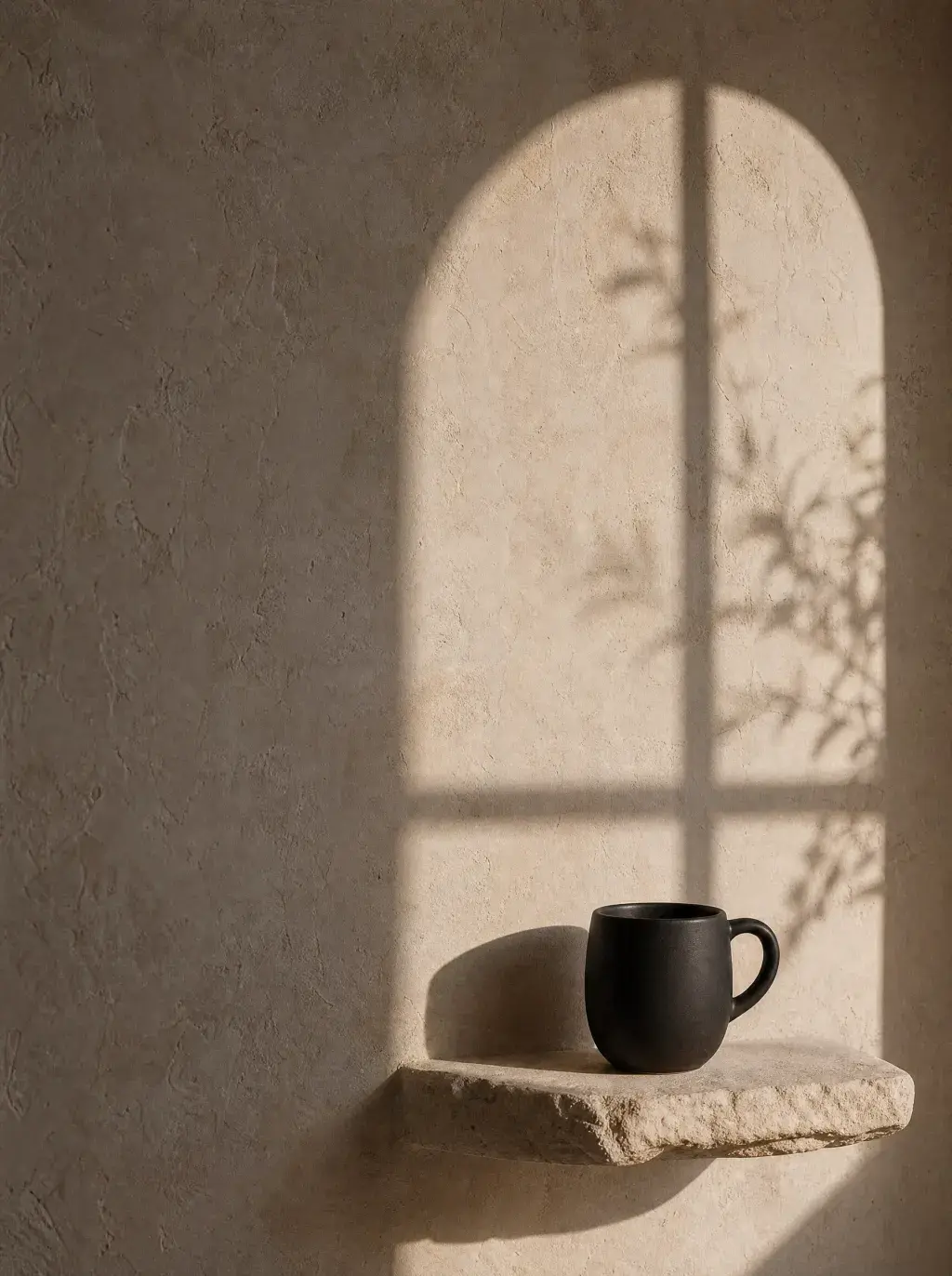 Mug noir sur rebord pierre – ombre arche et branche sur mur enduit beige, composition aérée