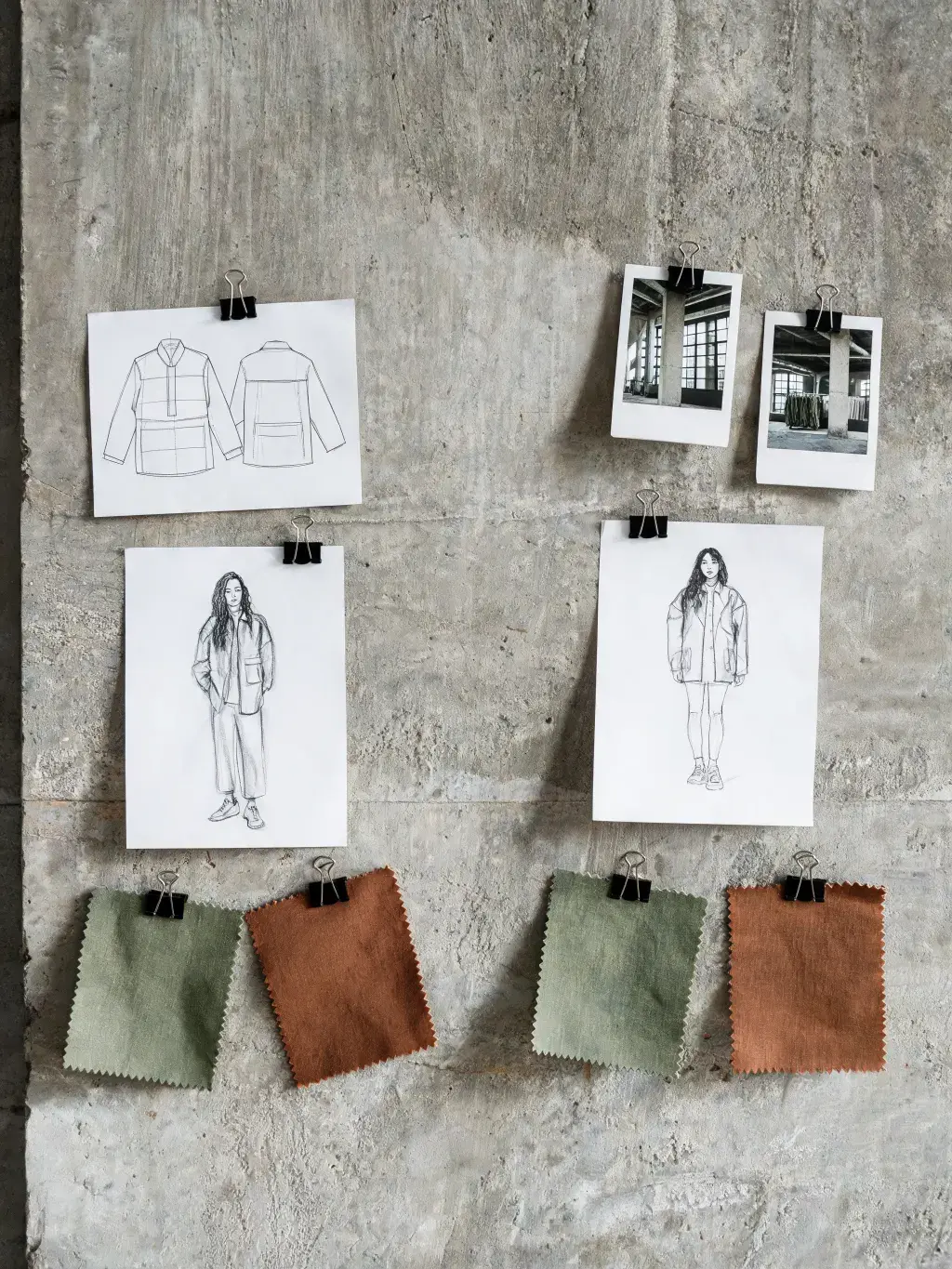 Mur béton tableau d'inspiration mode – croquis silhouettes, photos polaroid, échantillons tissu épinglés