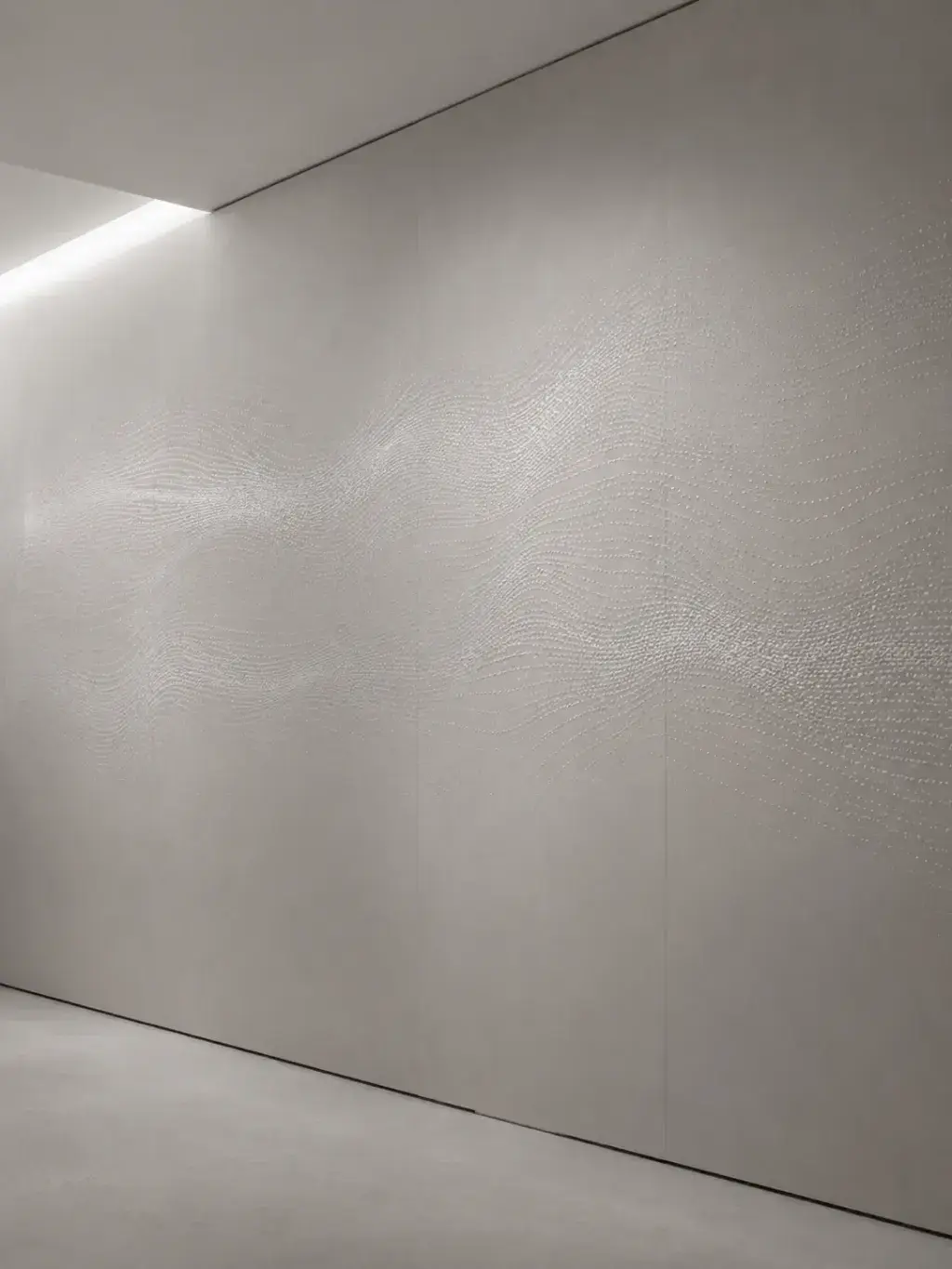 Mur blanc lisse aux reflets nacrés sous lumière rasante, intérieur minimaliste architectural