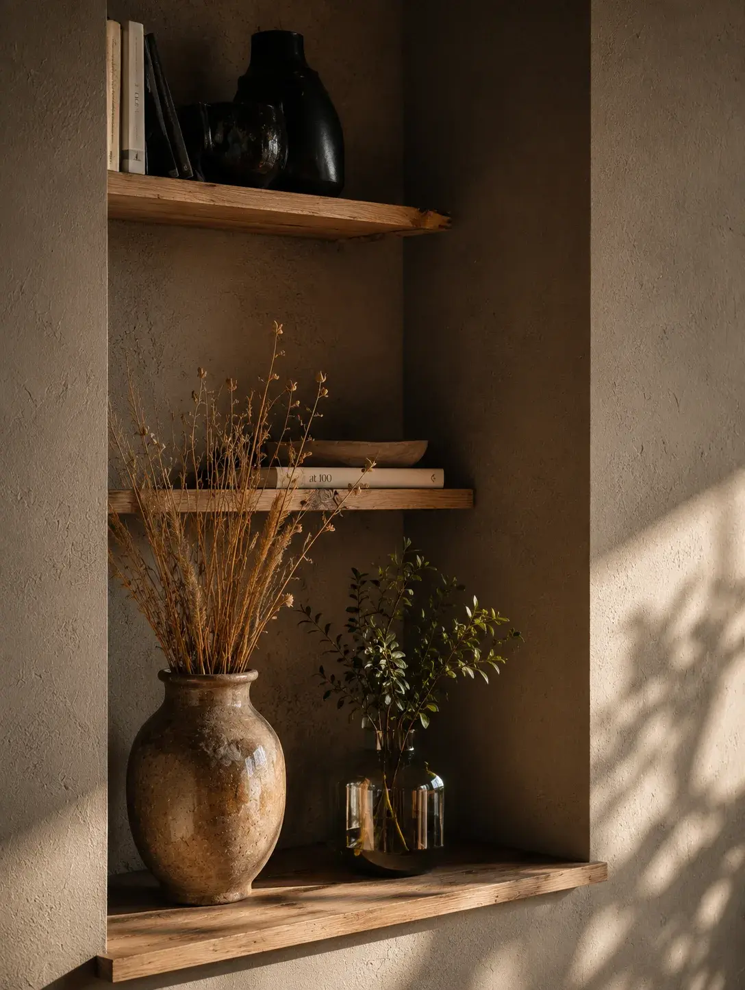Niche décorative avec vases en céramique et plante verte