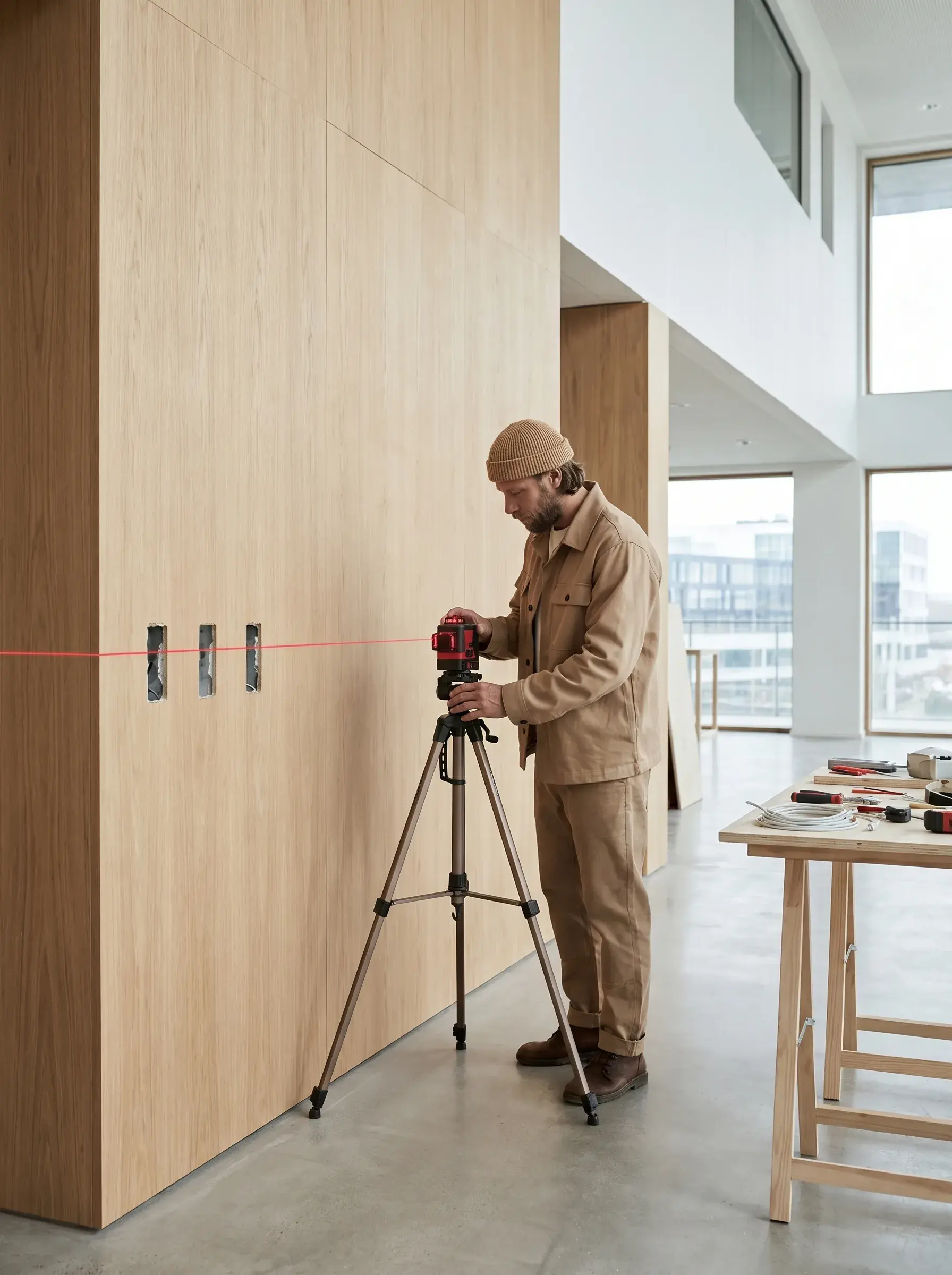 Niveau laser sur trépied projetant une ligne sur un mur en chêne dans un intérieur double hauteur