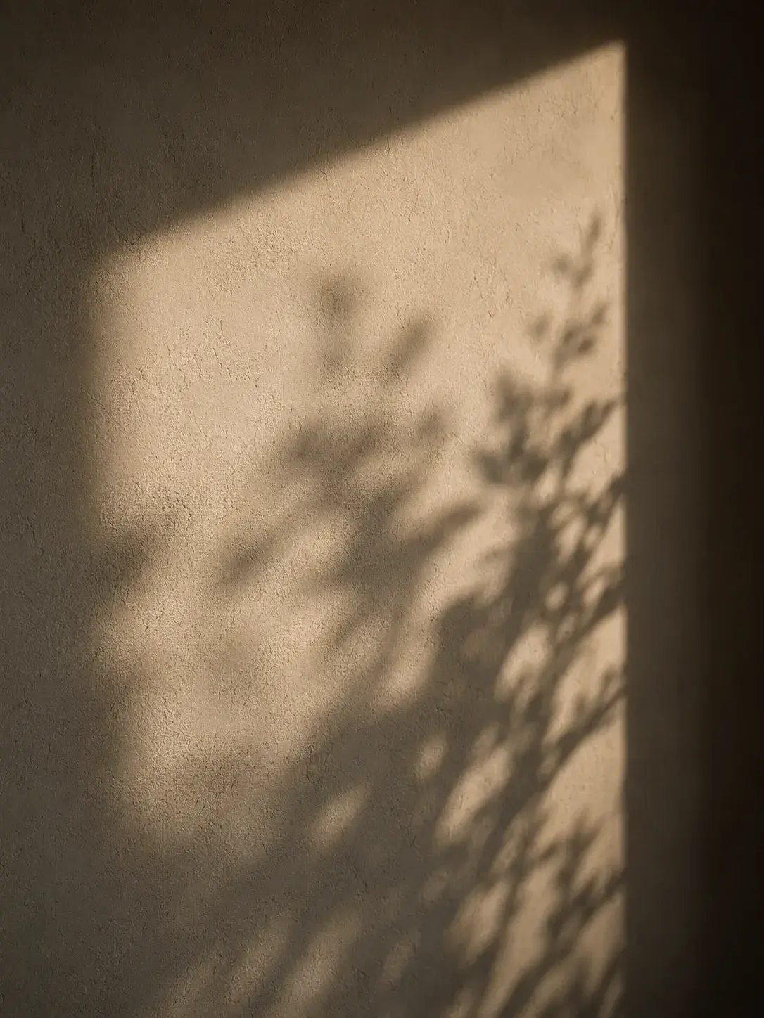 Ombres de branches projetées sur mur beige, lumière naturelle graphique