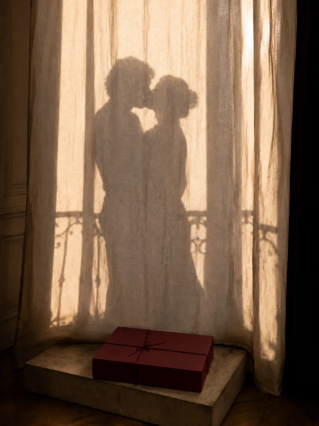 Ombres de couple s'embrassant projetées sur voilage lin devant fenêtre parisienne, boîte cadeau Valentine rouge au sol