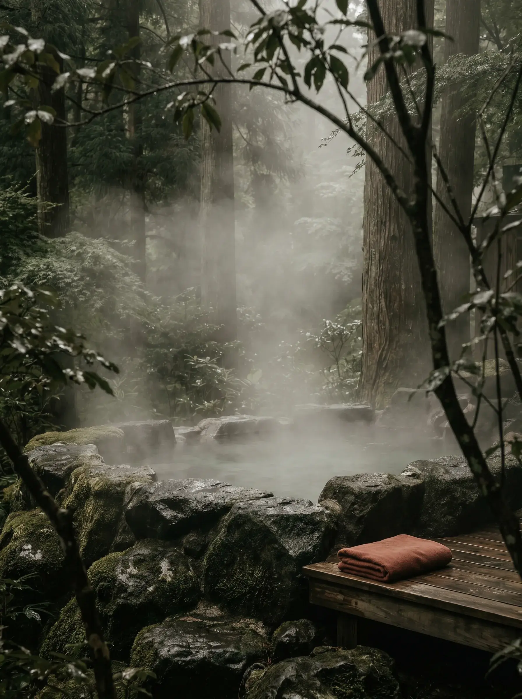 Onsen naturel en forêt de cèdres – vapeur dense, rochers mousus, serviette terracotta, Japon