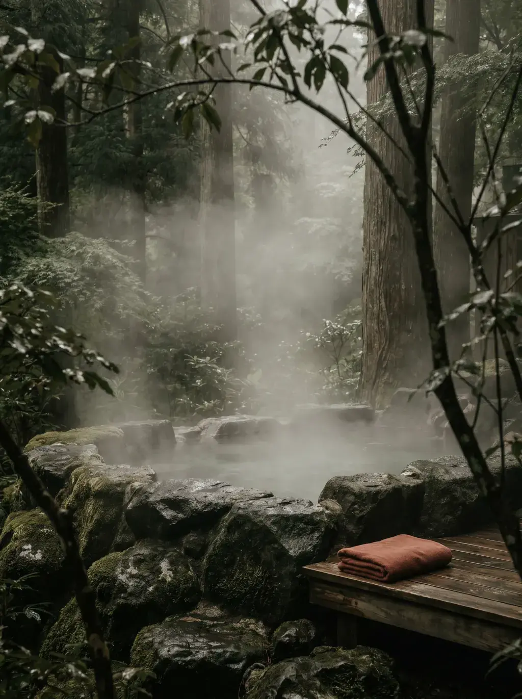 Onsen naturel en forêt de cèdres – vapeur dense, rochers mousus, serviette terracotta, Japon