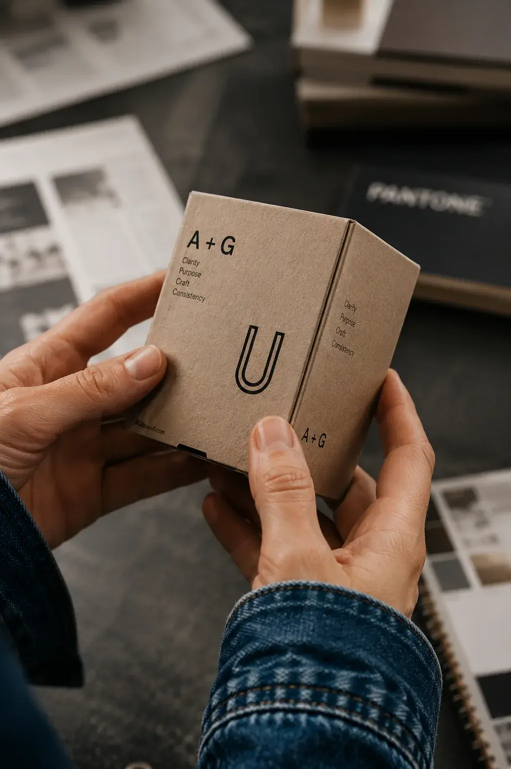 Packaging kraft – boîte logo, valeurs de marque, studio
