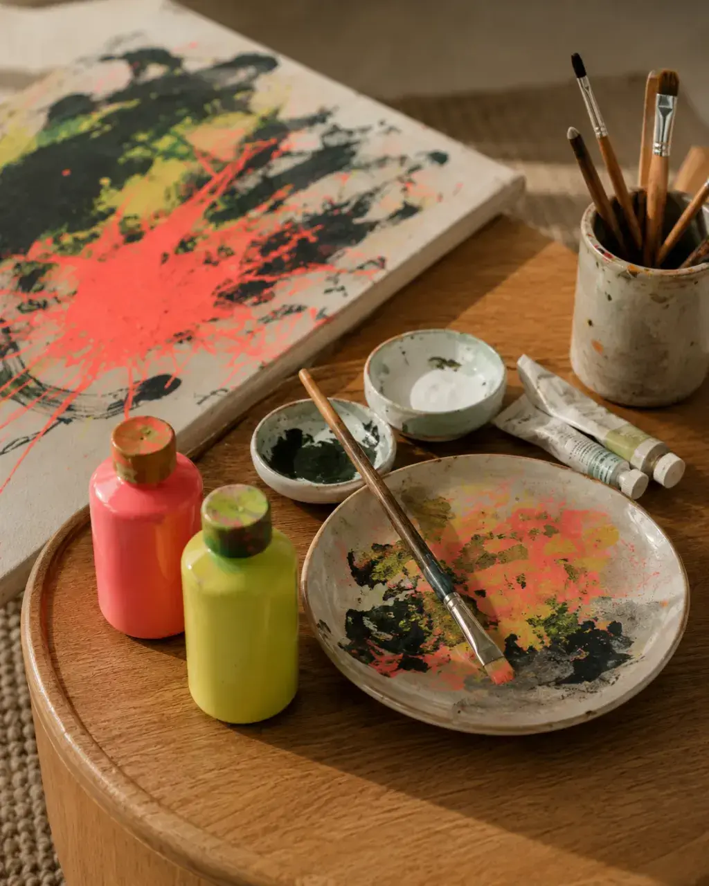 Palette de peinture colorée et pinceaux sur table en bois