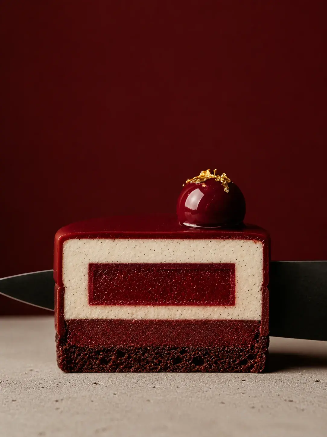 Part d'entremets glaçage miroir bordeaux en coupe nette – sphère, couteau noir, table béton