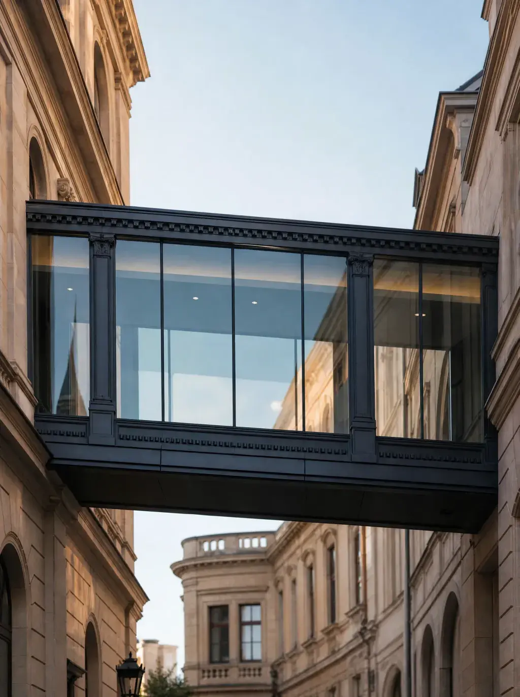 Passerelle vitrée ornementée en métal noir suspendue entre bâtiments néoclassiques au coucher de soleil