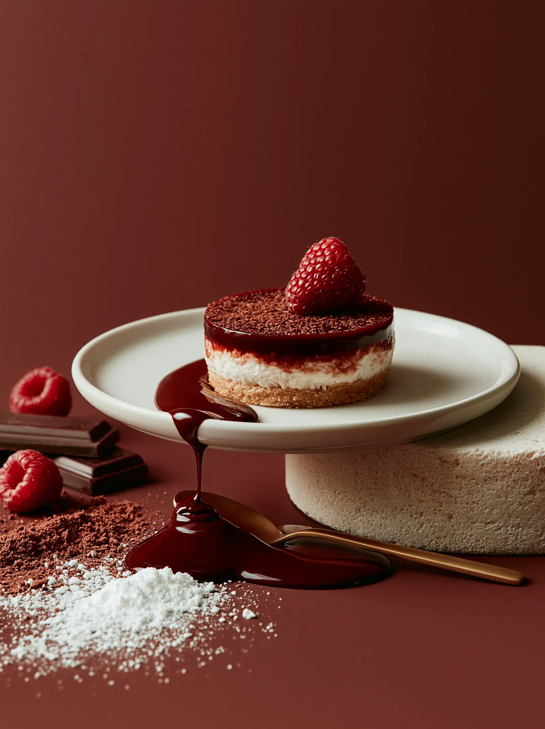 Pâtisserie individuelle chocolat framboise avec sauce coulante sur fond bordeaux