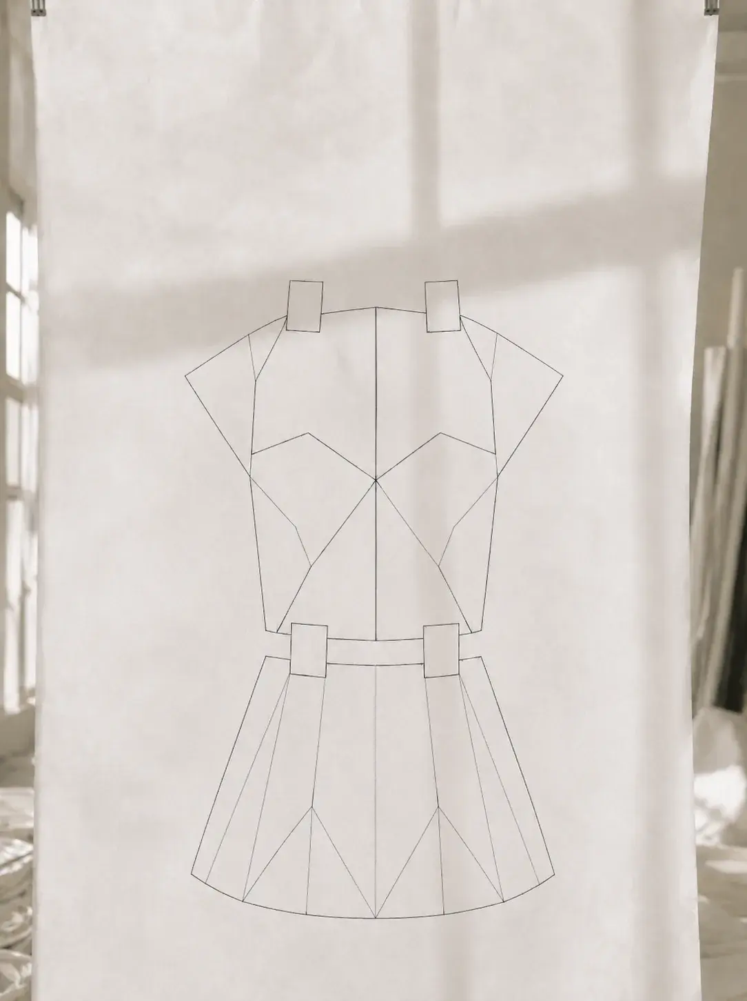 Patron géométrique de robe origami tracé sur toile suspendue – esquisse linéaire sans modèle