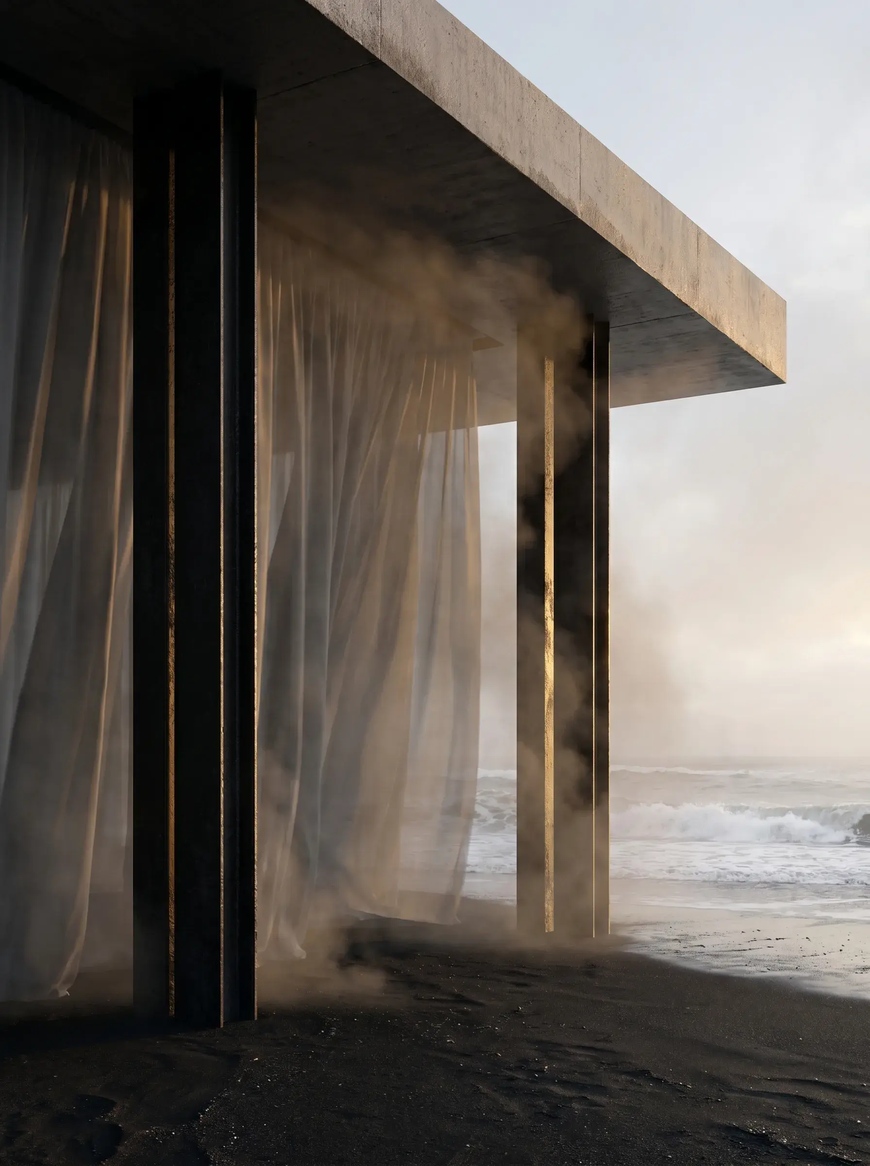 Pavillon béton côtier avec rideaux gaze – plage noire, vagues, brume, lumière chaude