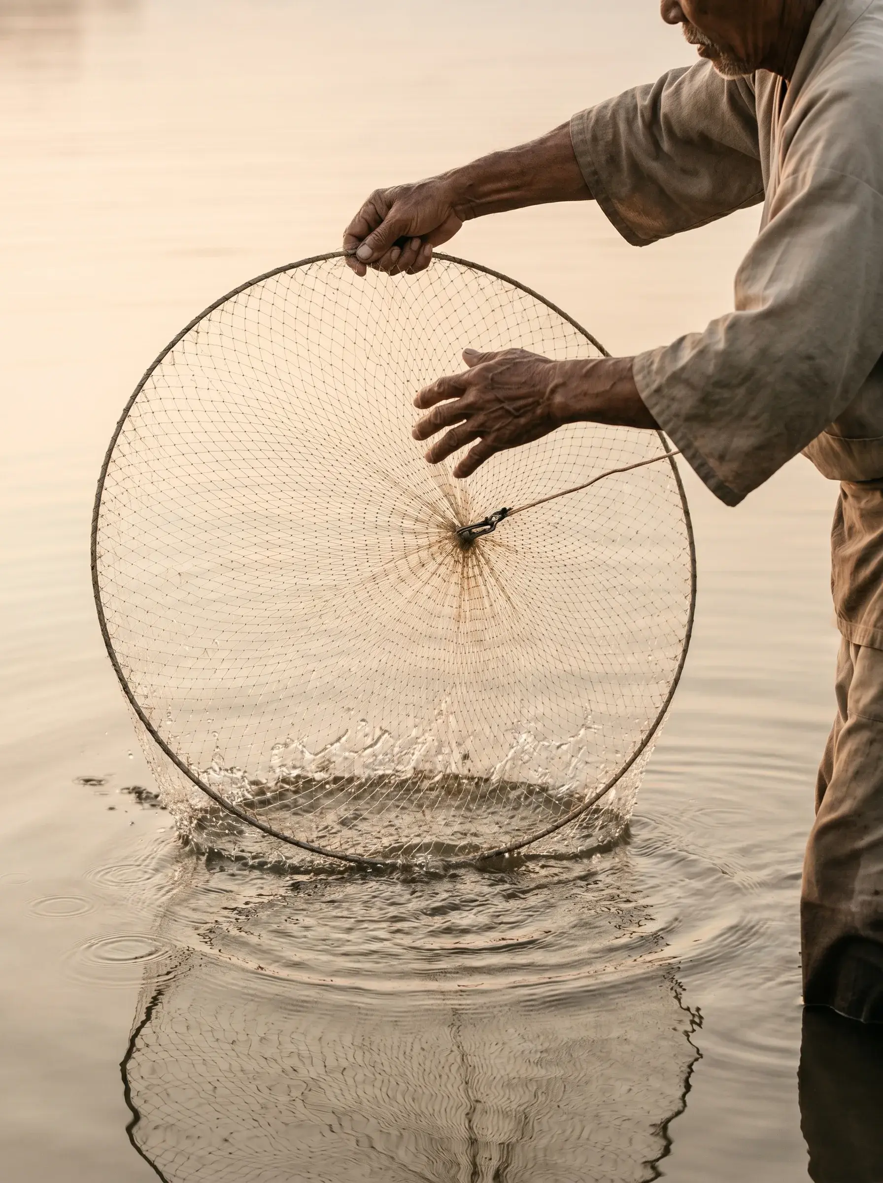 Pêcheur debout dans l'eau extrayant un filet circulaire traditionnel en osier à l'aube, rivière calme, lumière dorée