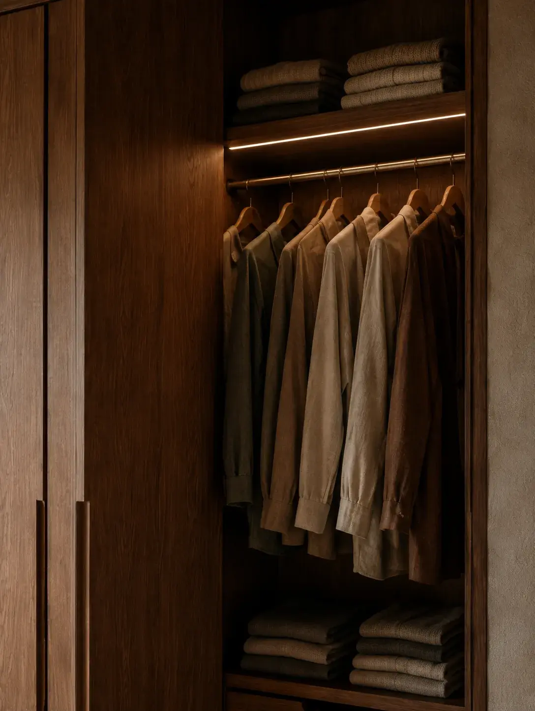 Penderie ouverte en bois avec vêtements suspendus dans un dressing minimaliste