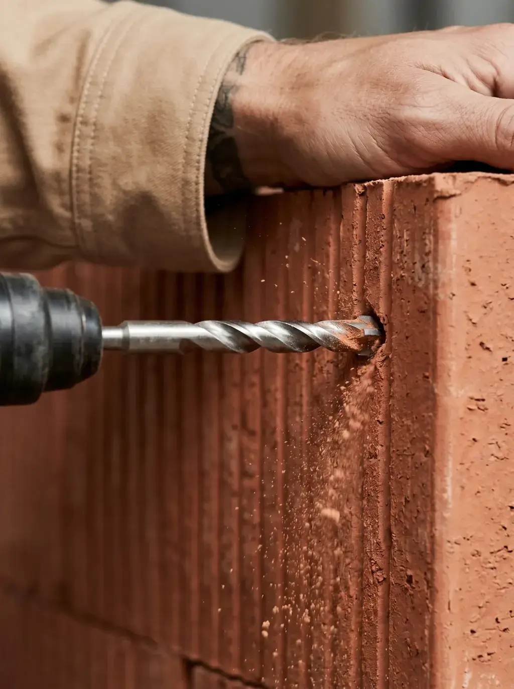 Perceuse perforant une brique rouge avec un foret à béton en gros plan