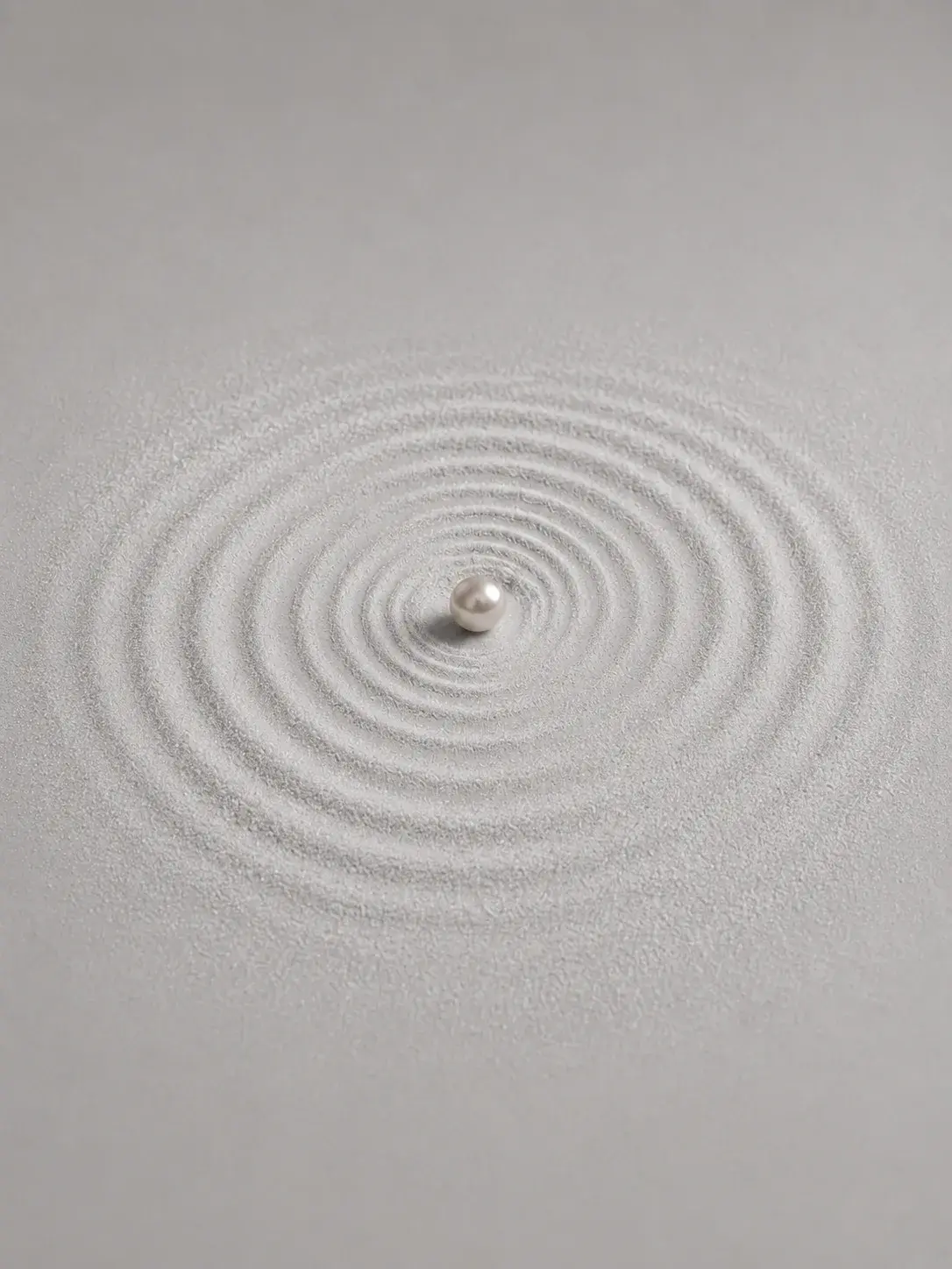 Perle unique au centre de cercles concentriques tracés dans le sable blanc, jardin zen
