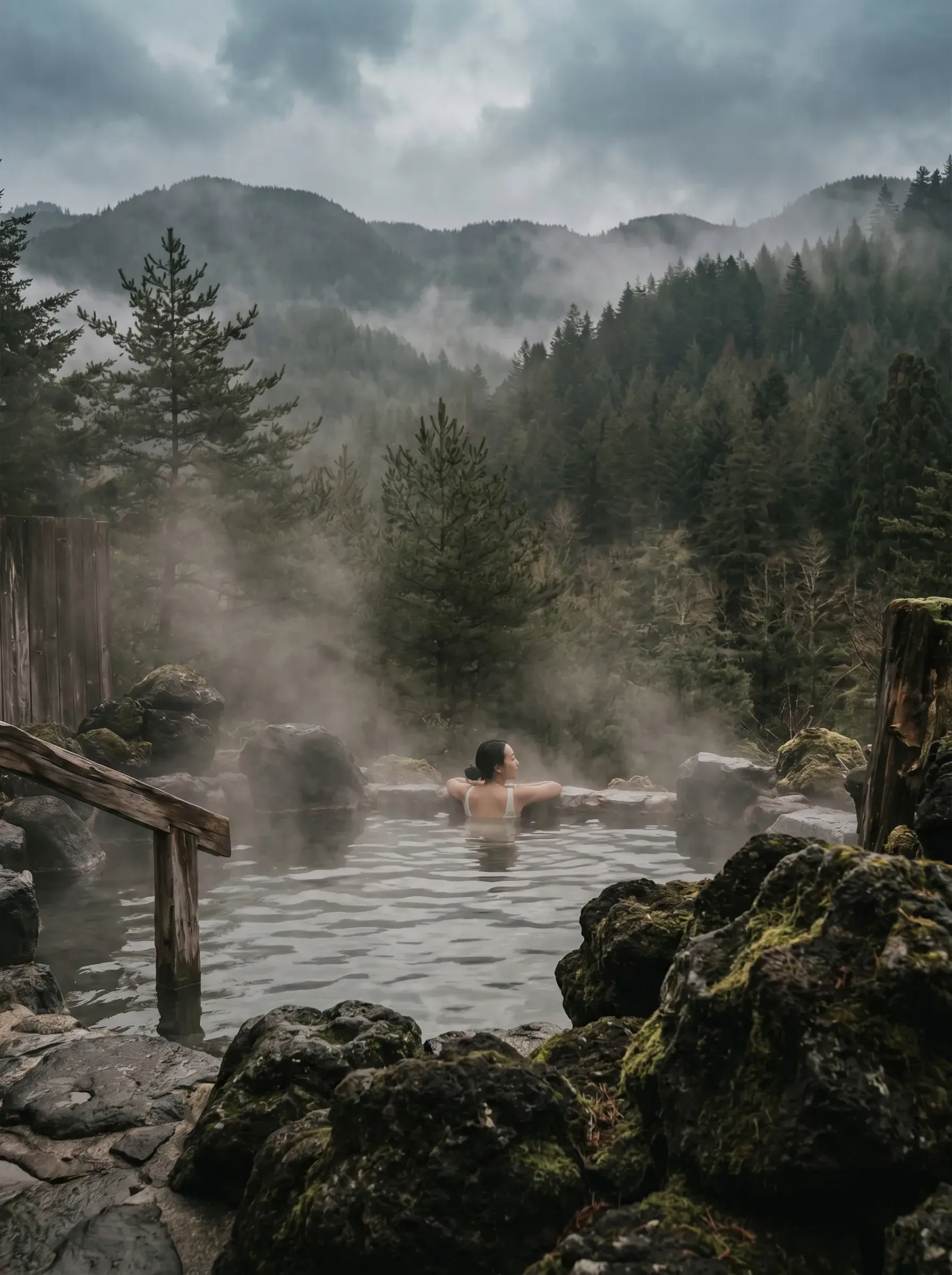 Personne de dos dans une source thermale naturelle entourée de pins et montagnes brumeuses, vapeur dense