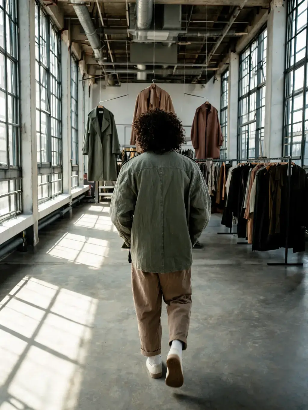 Personne de dos veste kaki dans showroom