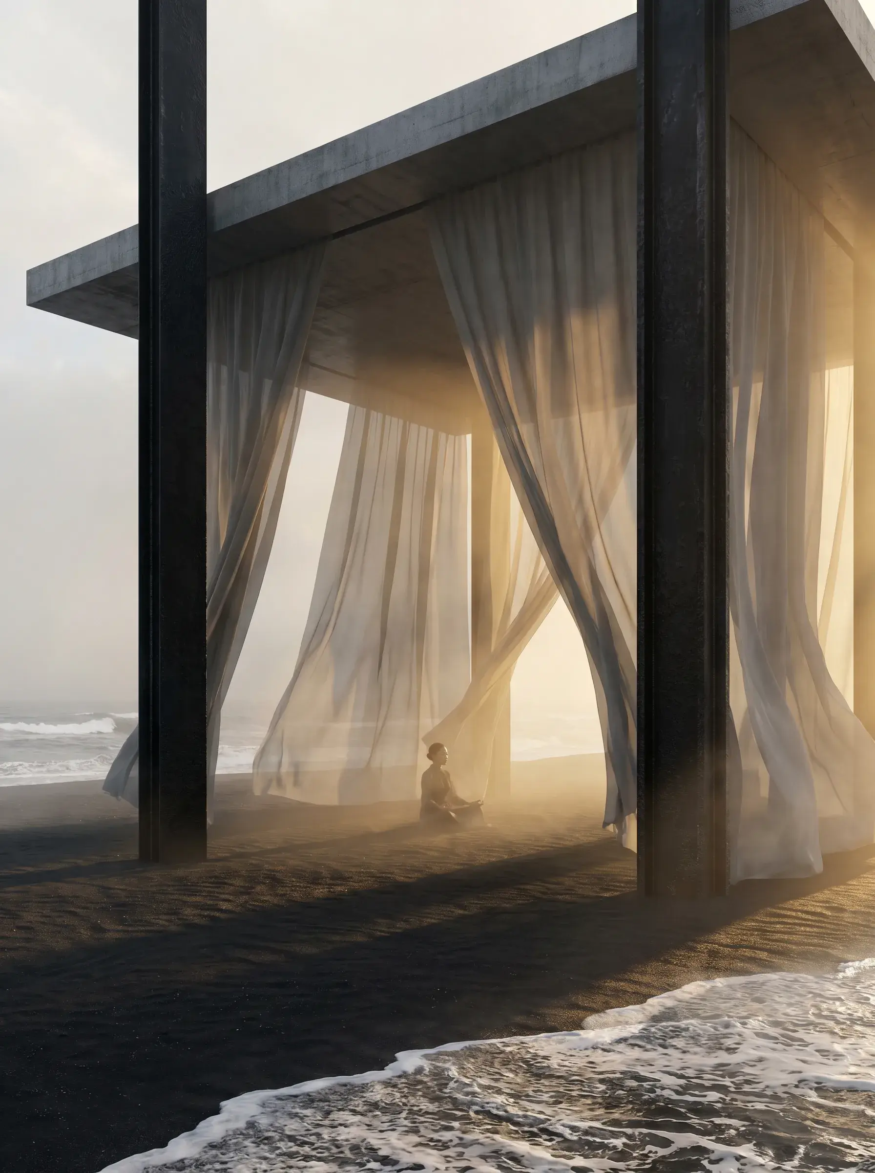 Personne en méditation sous pavillon béton côtier – rideaux gaze ondulants, plage noire, lumière dorée