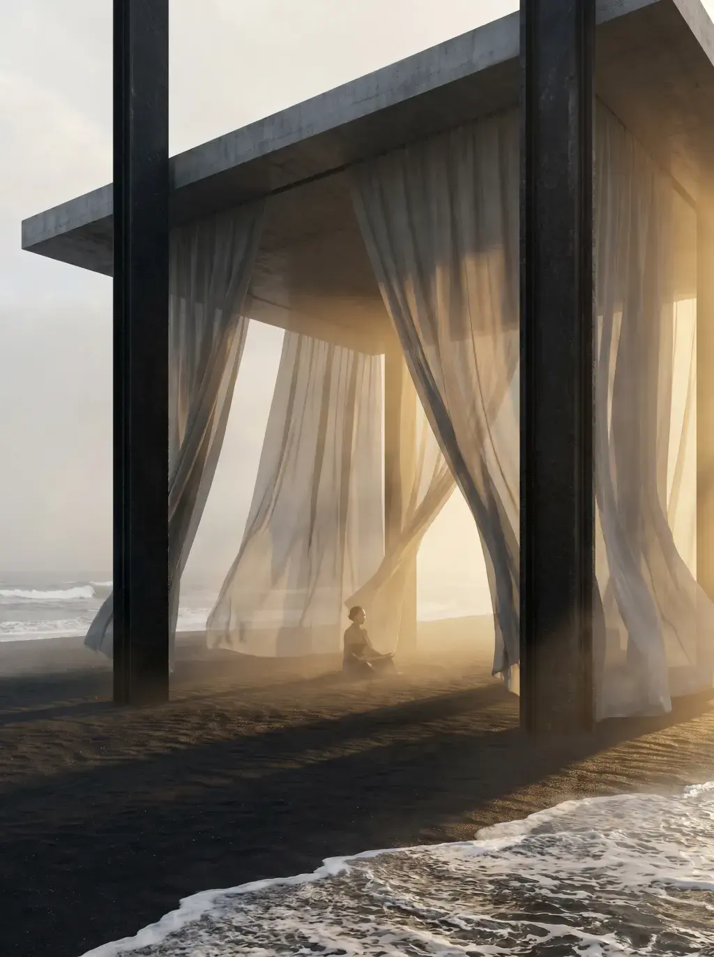 Personne en méditation sous pavillon béton côtier – rideaux gaze ondulants, plage noire, lumière dorée