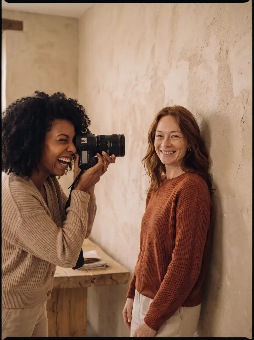 Photographe noire riant avec son appareil Canon en studio devant son modèle rousse