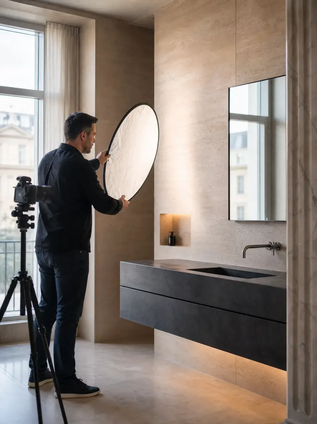 Photographe utilisant un réflecteur dans une salle de bain en travertin pour un reportage immobilier de prestige