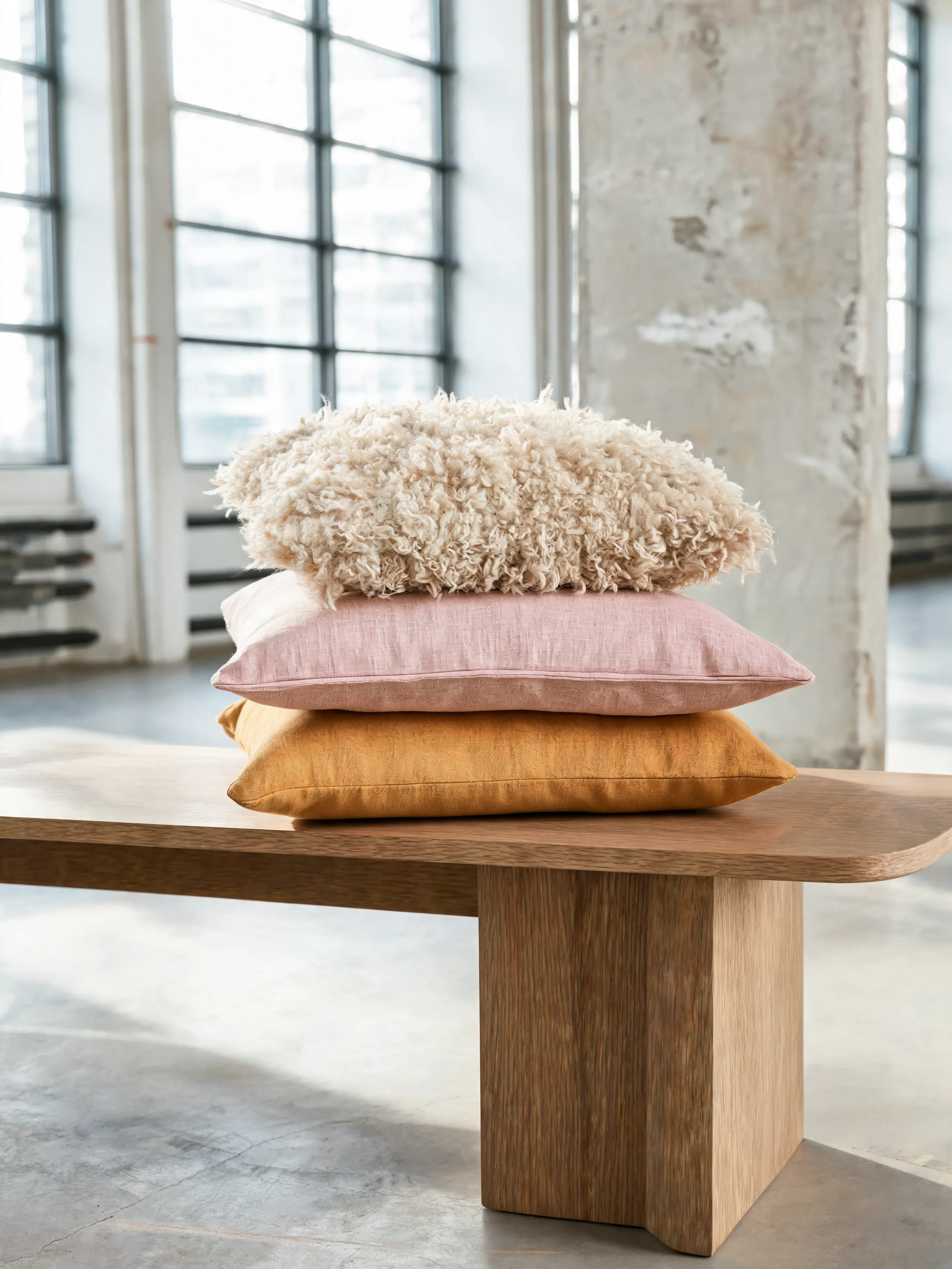 Pile trois coussins banc bois – mouton crème, lin rose, velours moutarde, fenêtres loft fond