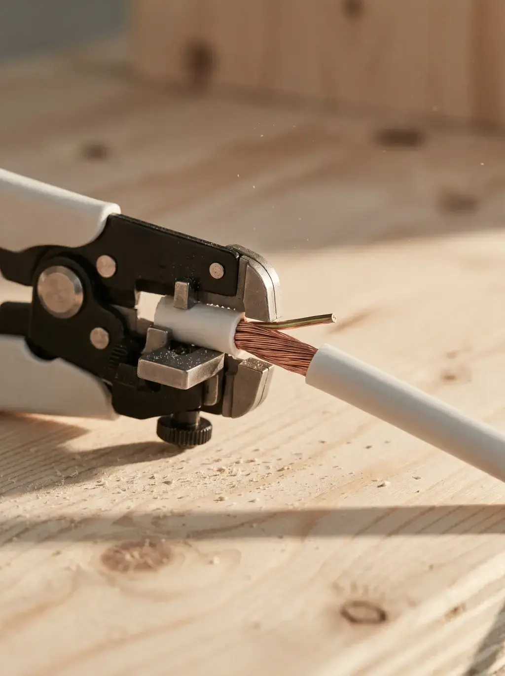 Pince à dénuder exposant les brins de cuivre d'un câble électrique blanc sur un plan de travail en bois