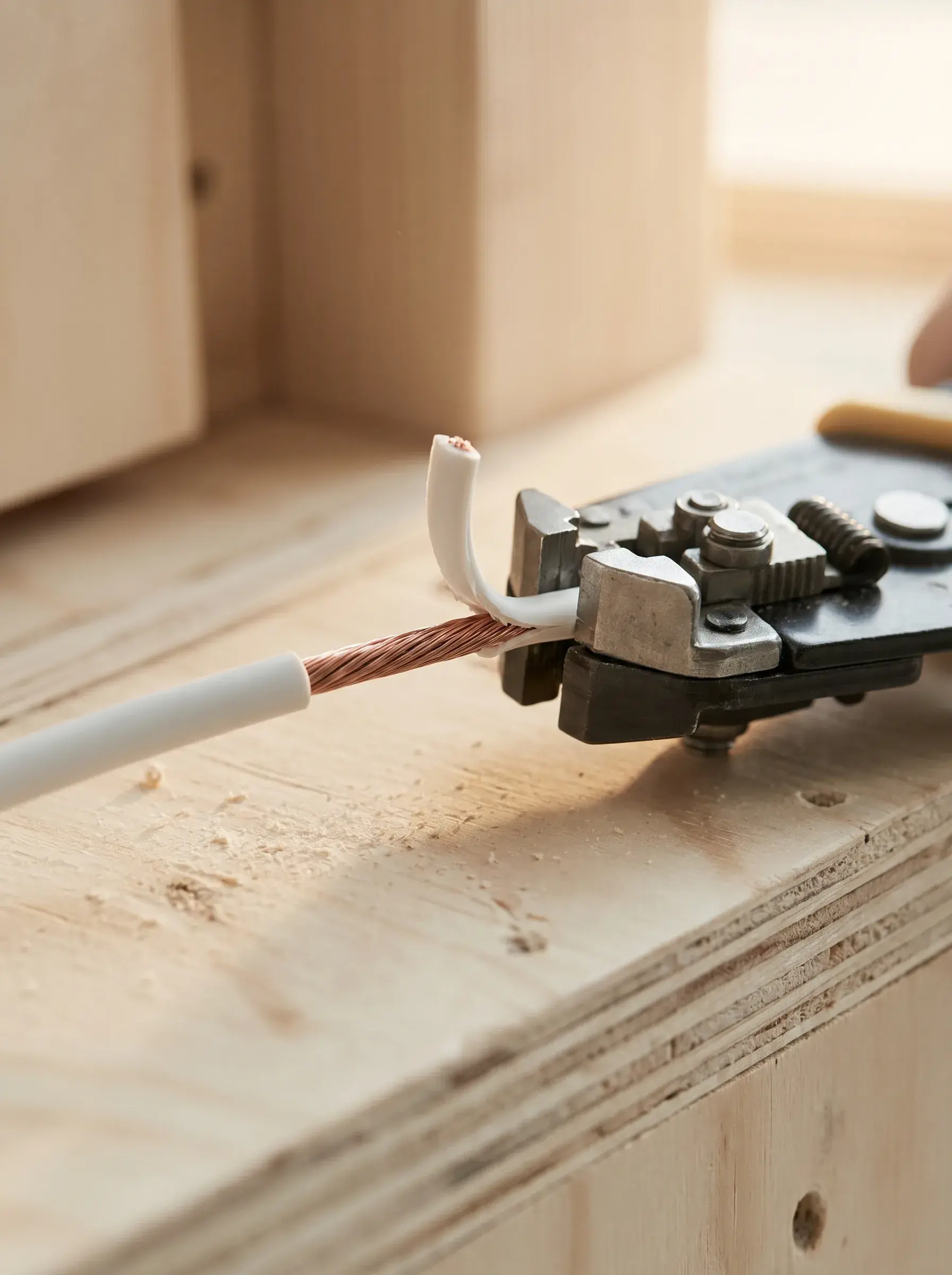 Pince à dénuder serrant un câble électrique blanc dénudé sur un établi en bois
