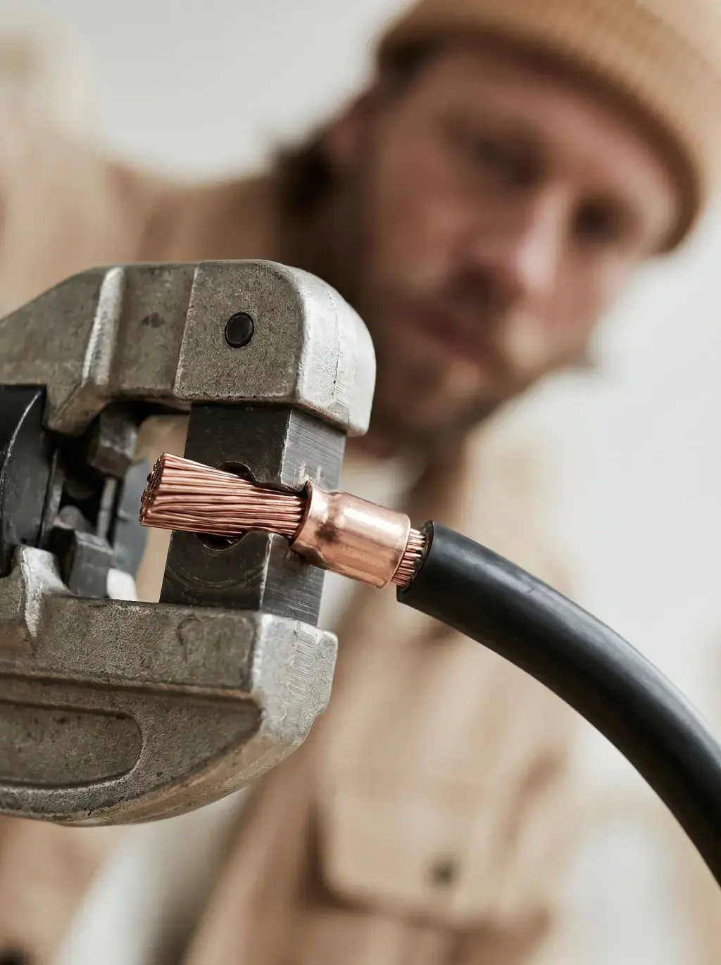 Pince à sertir comprimant l'embout cuivre d'un câble électrique noir en gros plan