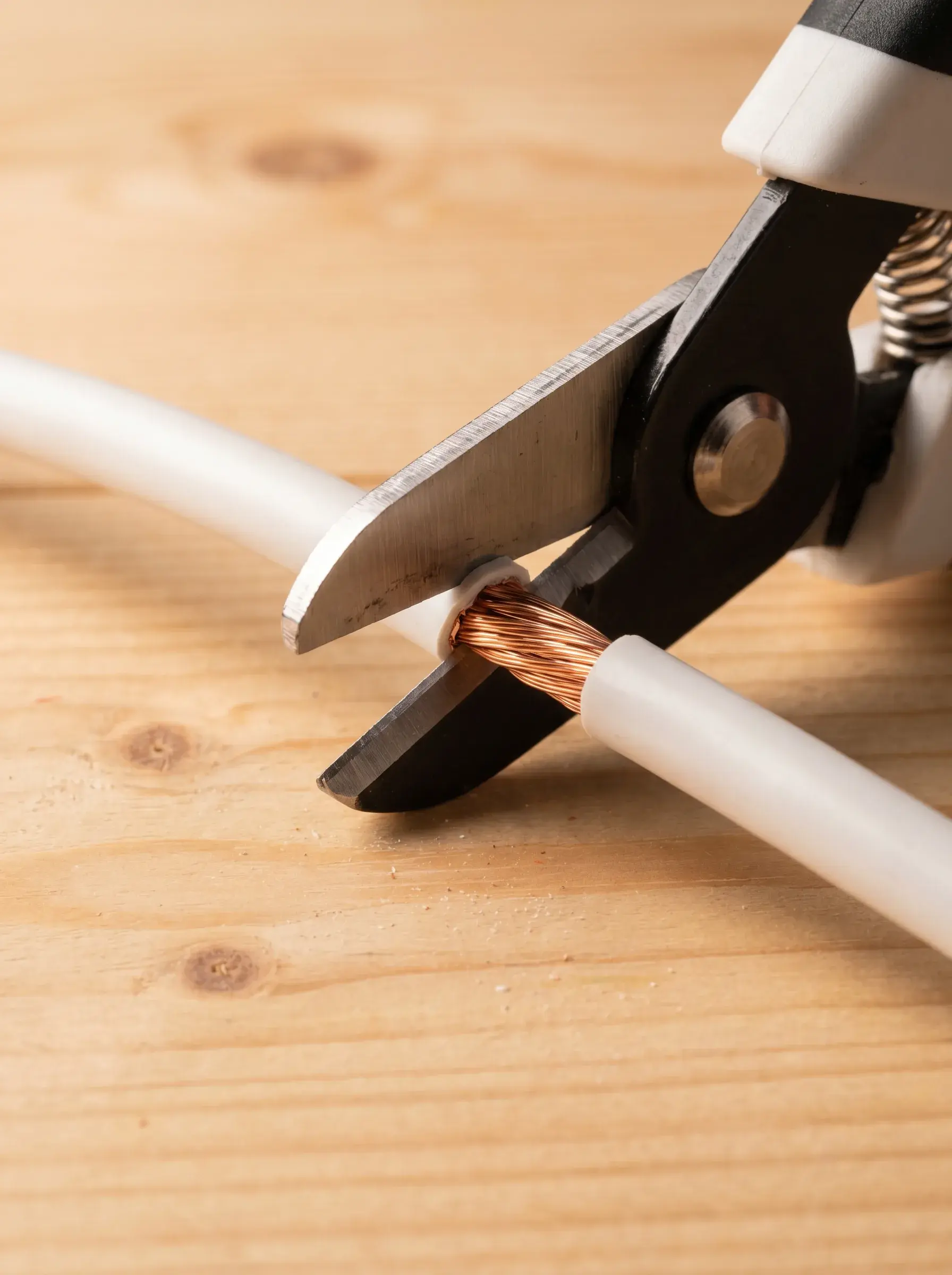 Pince coupante sectionnant un câble électrique blanc et ses brins de cuivre sur un plan de travail en bois