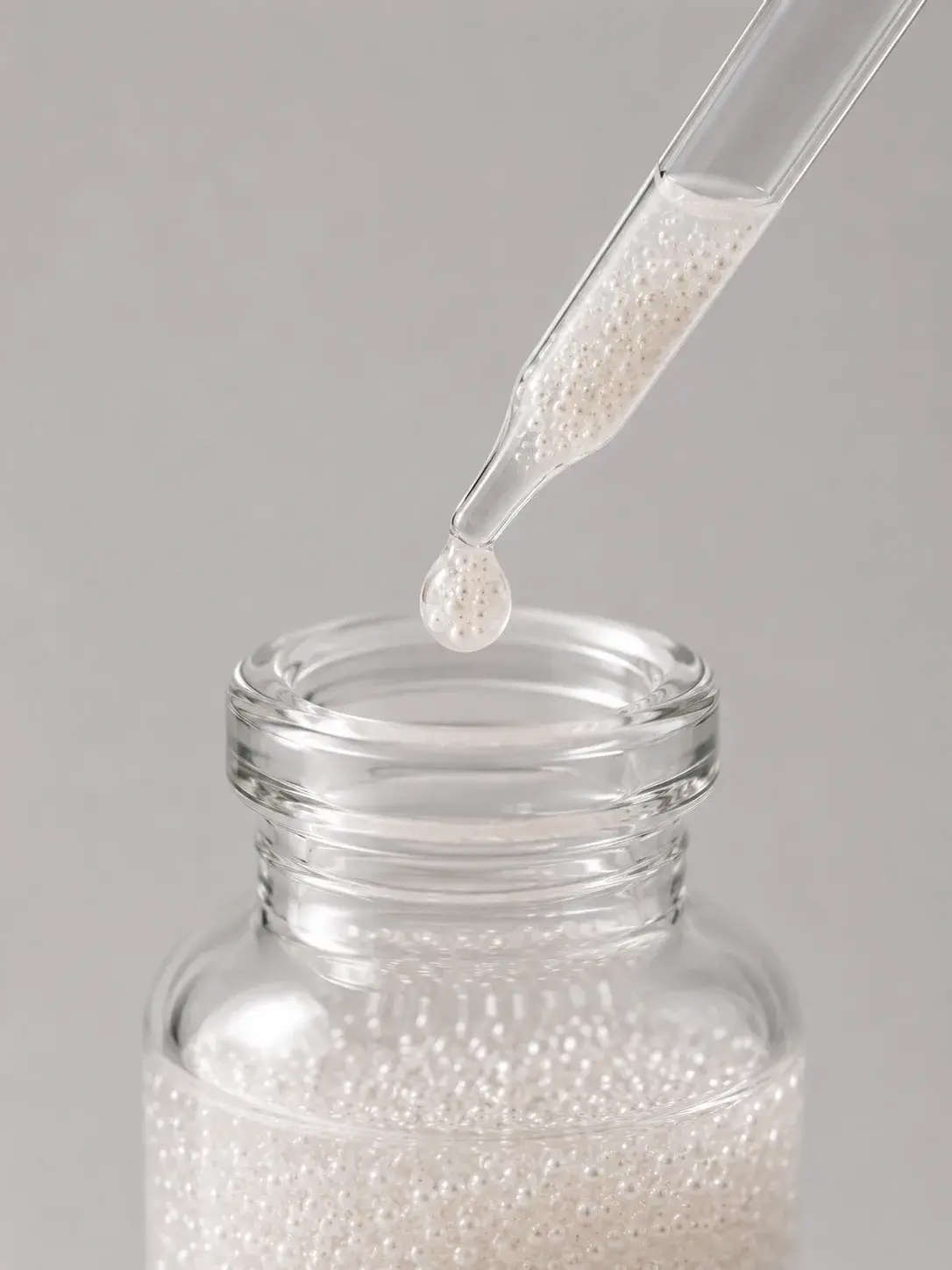 Pipette déposant une goutte nacrée dans un flacon recouvert de micro-perles
