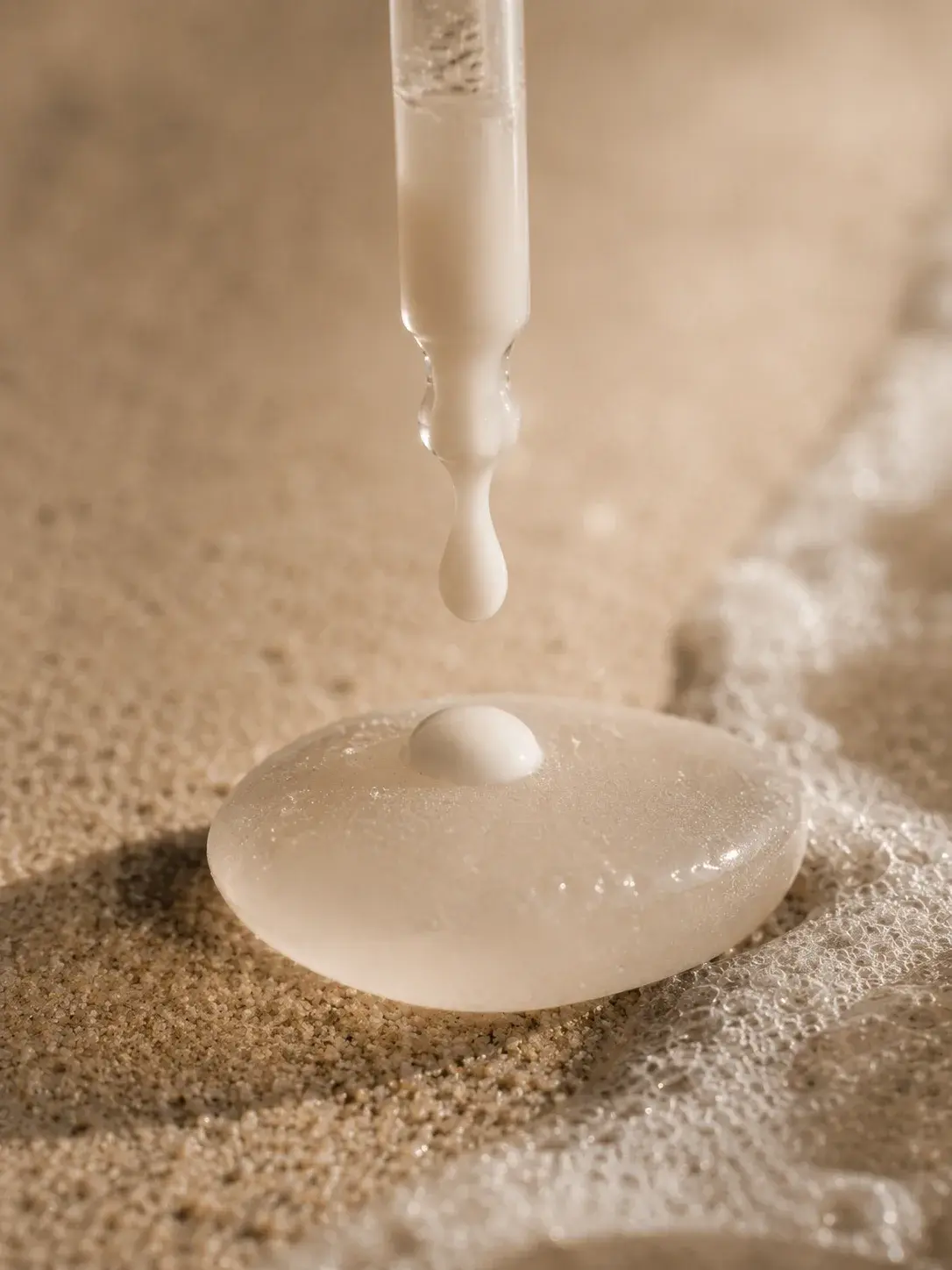 Pipette libérant du sérum sur galet dans le sable – goutte translucide, texture aquatique, embruns