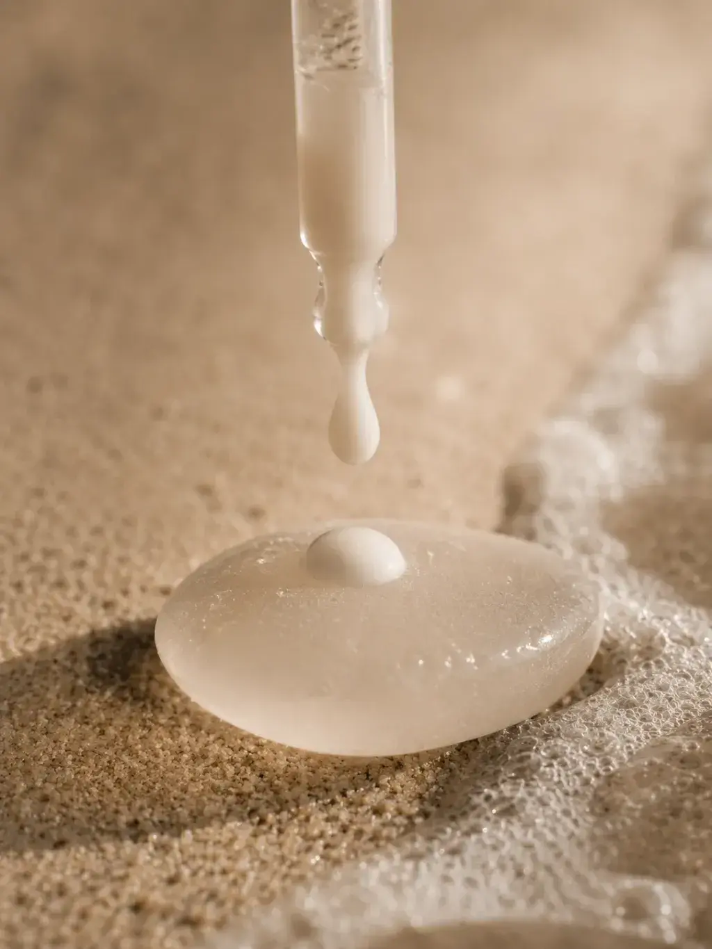 Pipette libérant du sérum sur galet dans le sable – goutte translucide, texture aquatique, embruns
