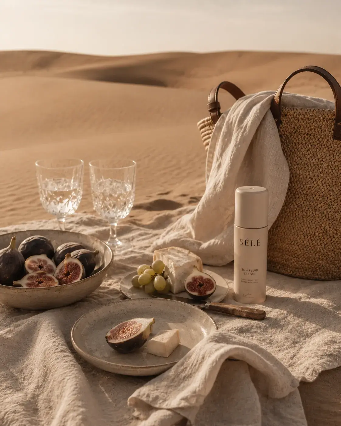 Pique-nique dans les dunes – figues, fromage, coupes cristal, panier raphia, flacon soin cosmétique