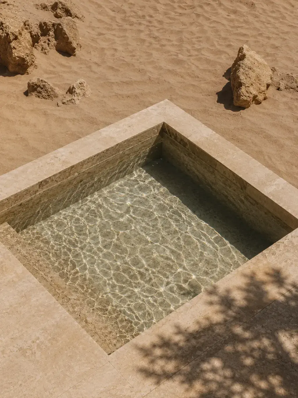 Piscine carrée en pierre encastrée dans le sable – eau turquoise, ombre de palmier, désert