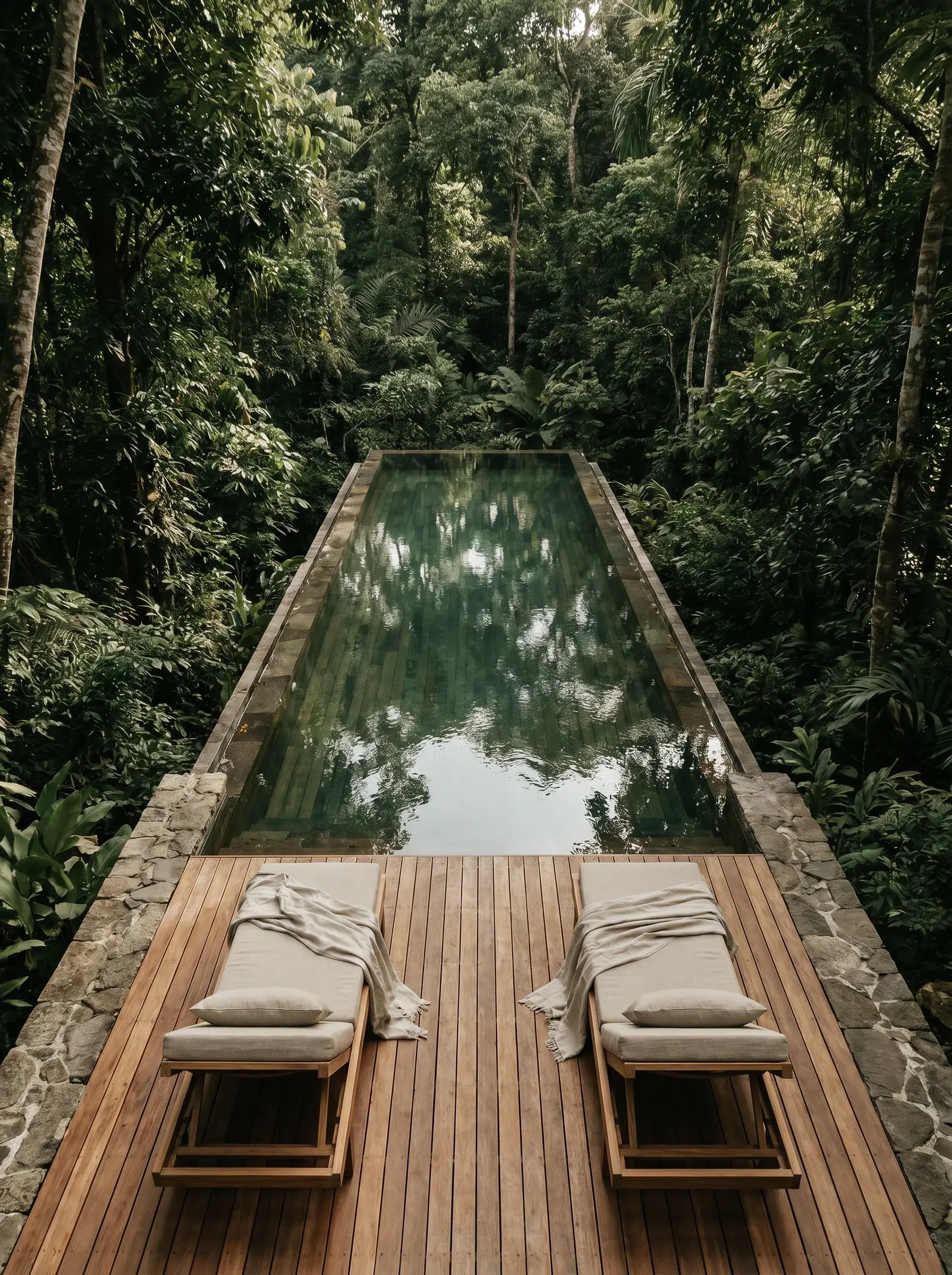 Piscine infinity dans jungle tropicale – transats en teck, terrasse bois, végétation luxuriante
