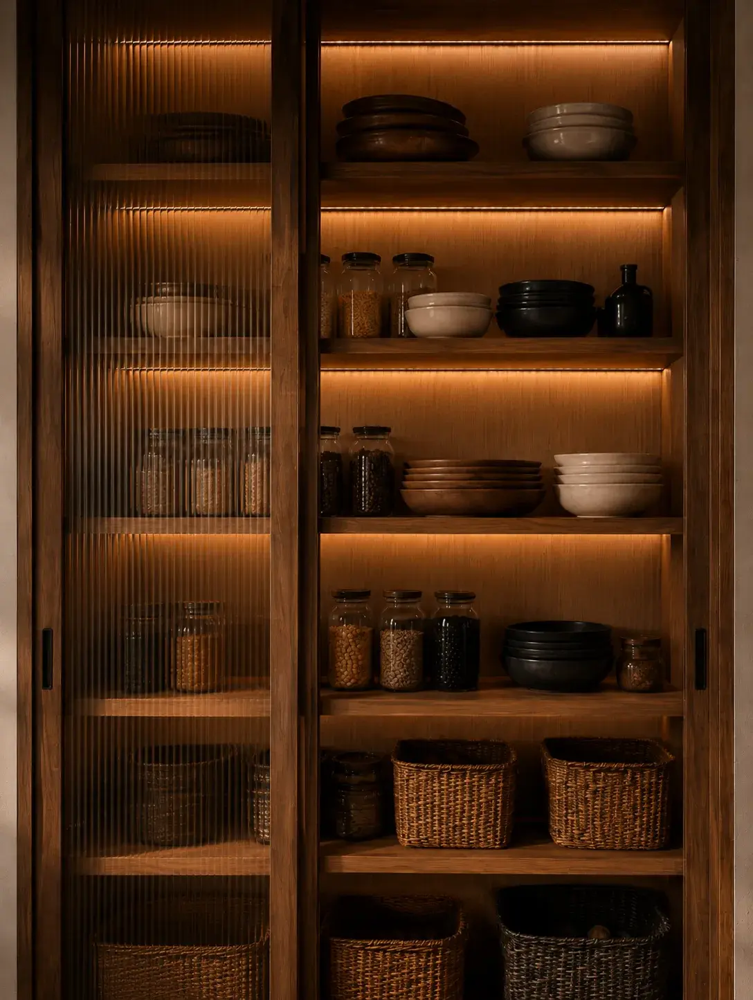 Placard de cuisine rétroéclairé avec provisions et vaisselle rangées sur étagères en bois