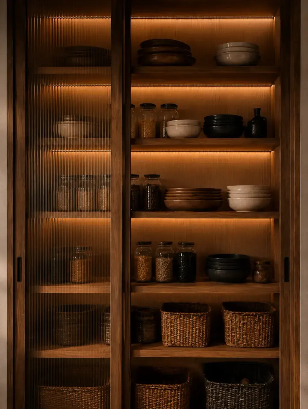 Placard de cuisine rétroéclairé avec provisions et vaisselle rangées sur étagères en bois