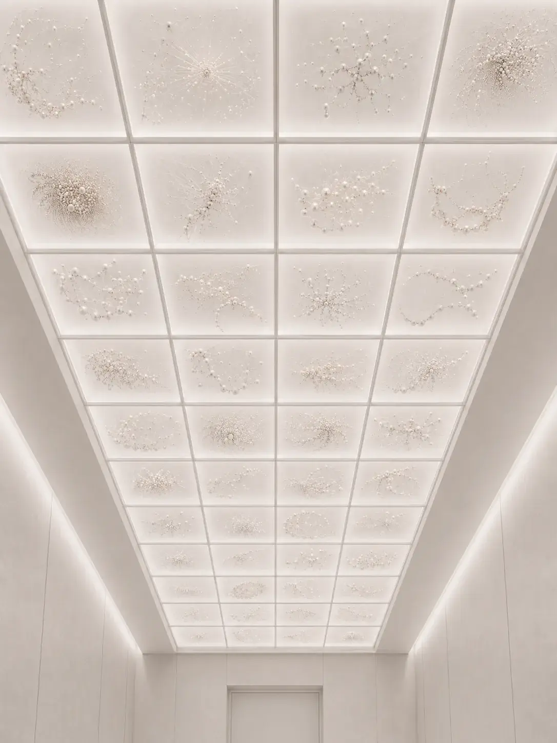Plafond lumineux en caissons ornés de motifs nacrés en relief, installation architecturale