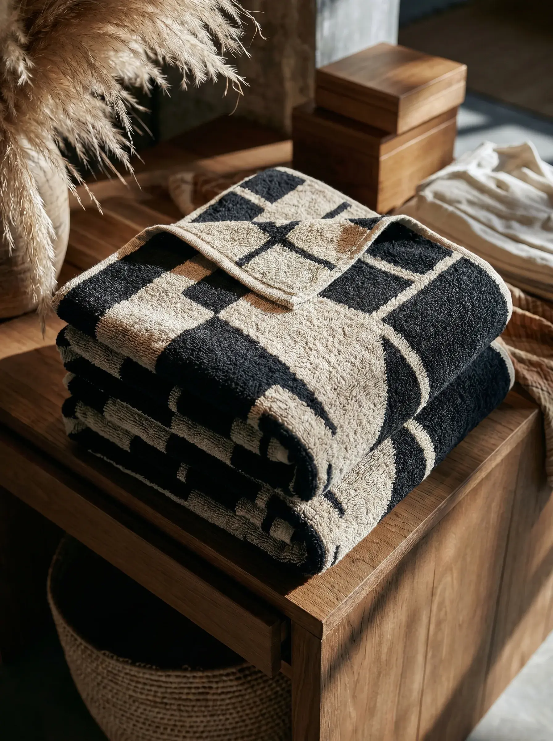 Plaids pliés à motif géométrique noir et beige sur meuble en bois avec herbes séchées