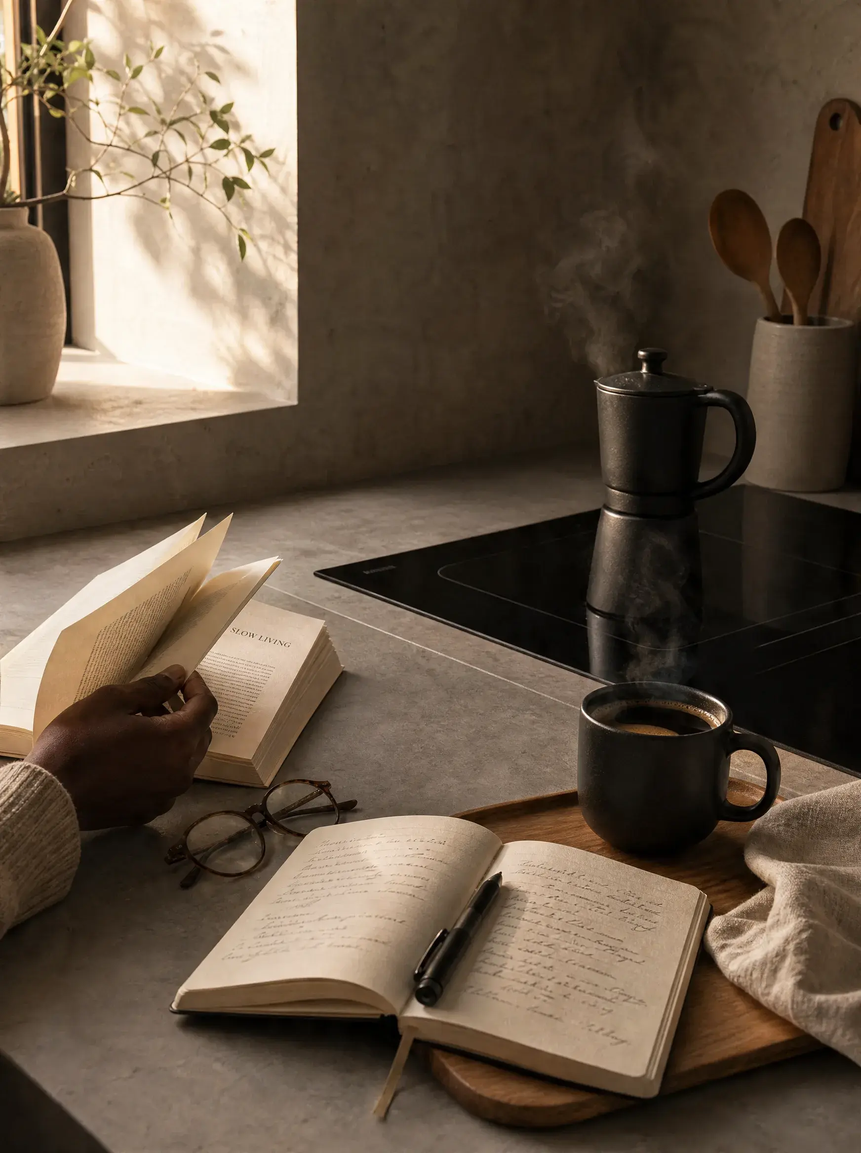 Plan de travail cuisine – cafetière moka fumante, mug, carnet, lunettes, livre, plante, fenêtre