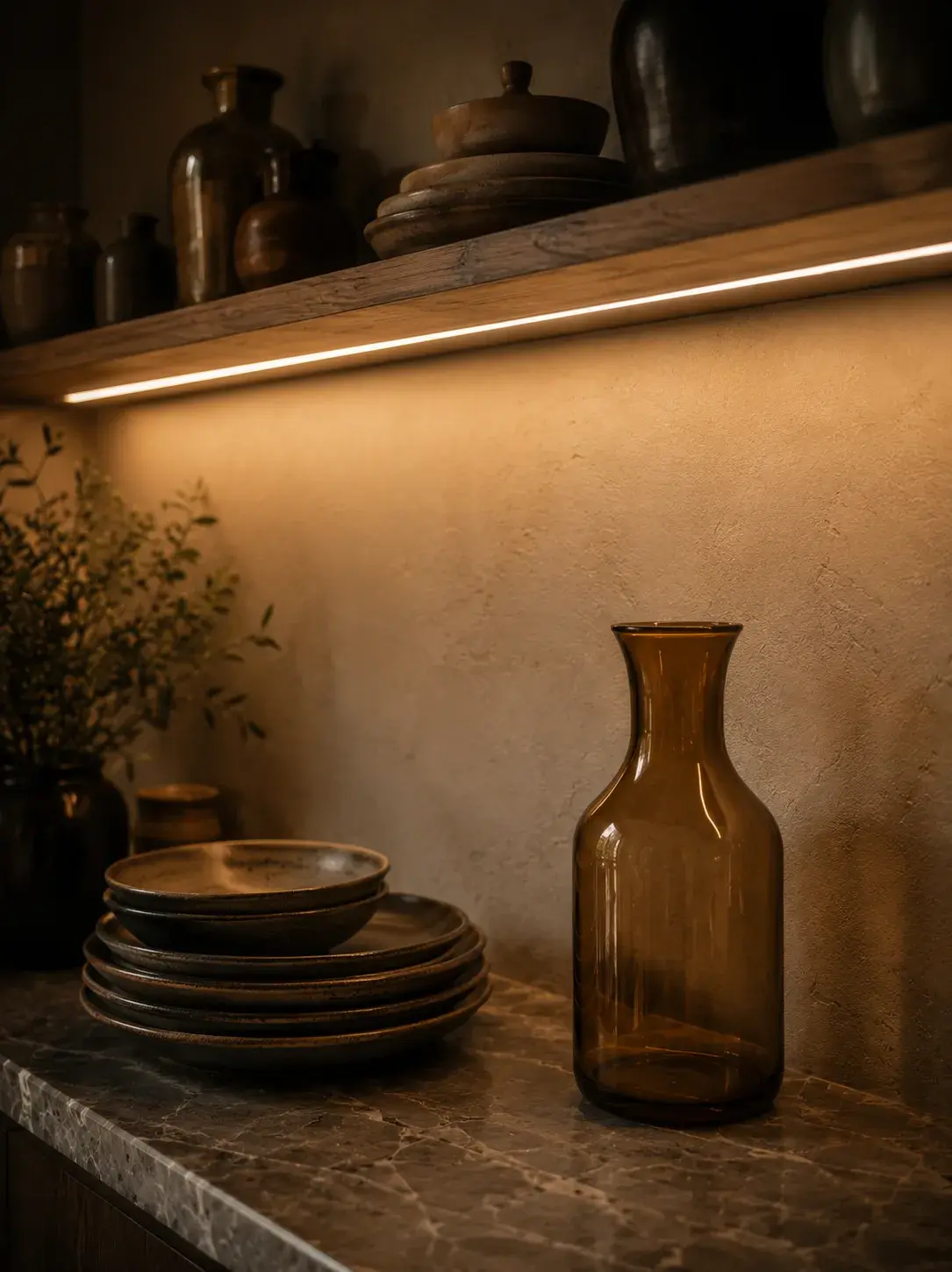 Plan de travail en bois éclairé par une lampe de comptoir avec accessoires et plantes aromatiques