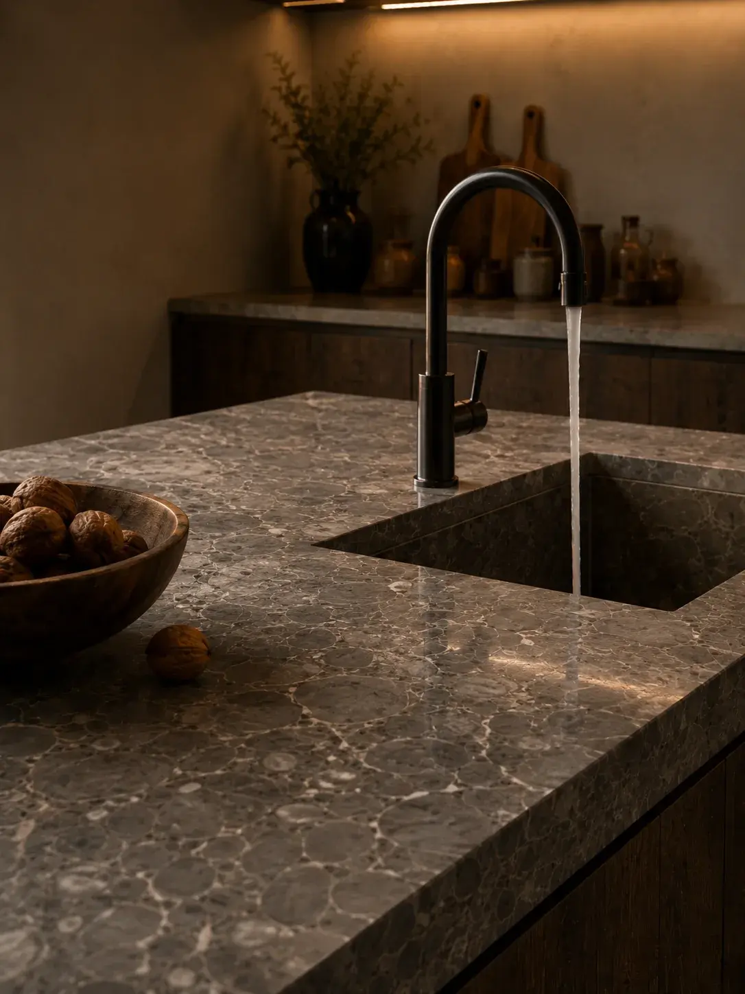 Plan de travail en marbre vert-gris foncé avec robinet arc noir mat et jet d'eau, bol bois et noix en cuisine