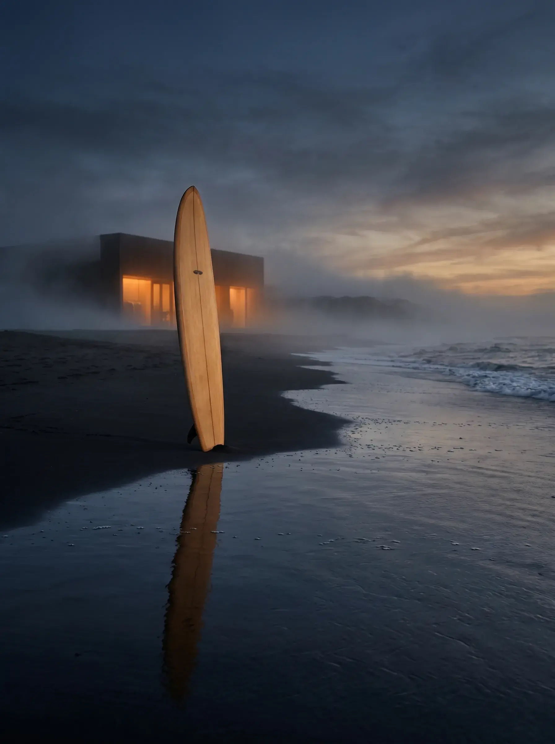 Planche de surf blanche plantée dans le sable noir mouillé au crépuscule dans la brume