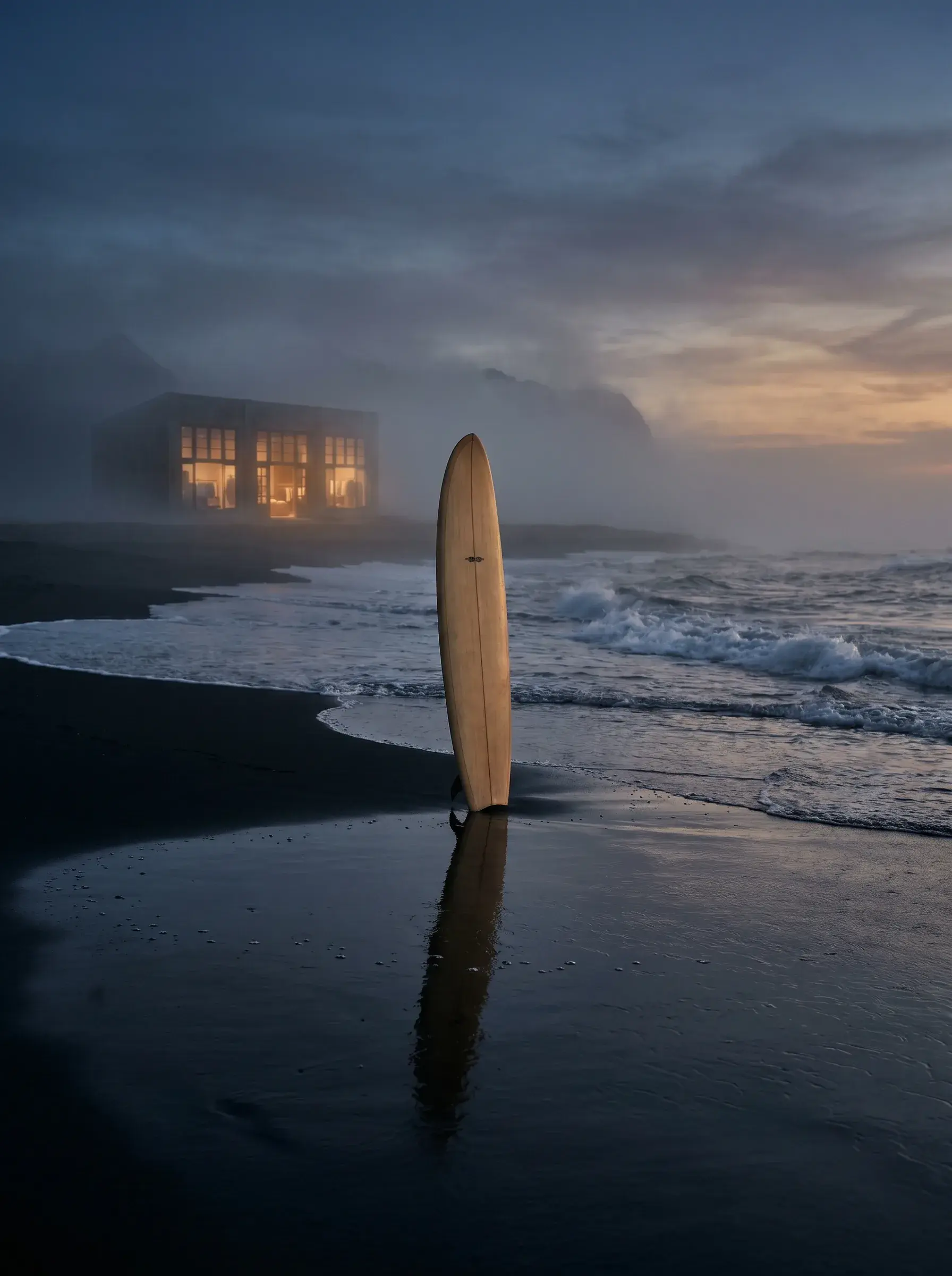Planche de surf blanche sur sable noir mouillé dans la brume du soir en bord de mer