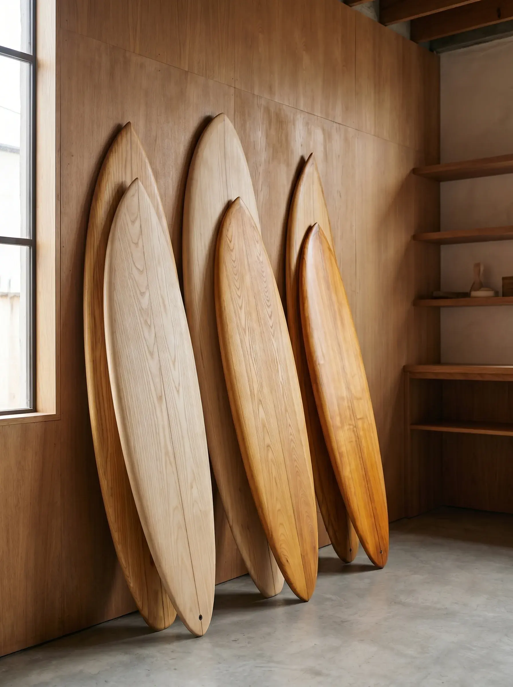 Planches de surf en bois aux teintes dorées dans un intérieur