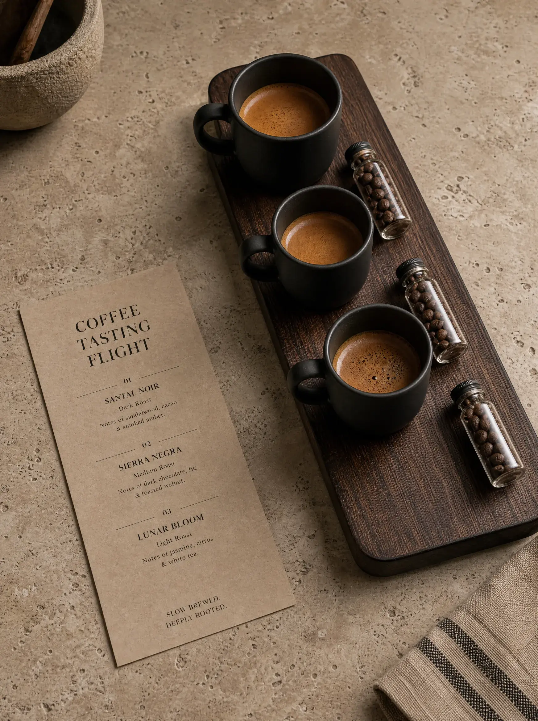 Plateau dégustation trois tasses espresso – fioles de grains, carte de sélection, ardoise calcaire