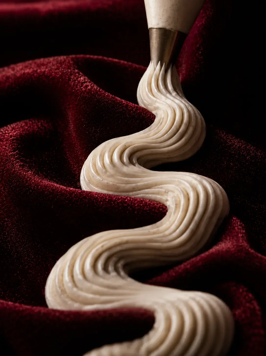 Poche à douille traçant filet ondulant de crème sur velours bordeaux – gros plan, pâtisserie